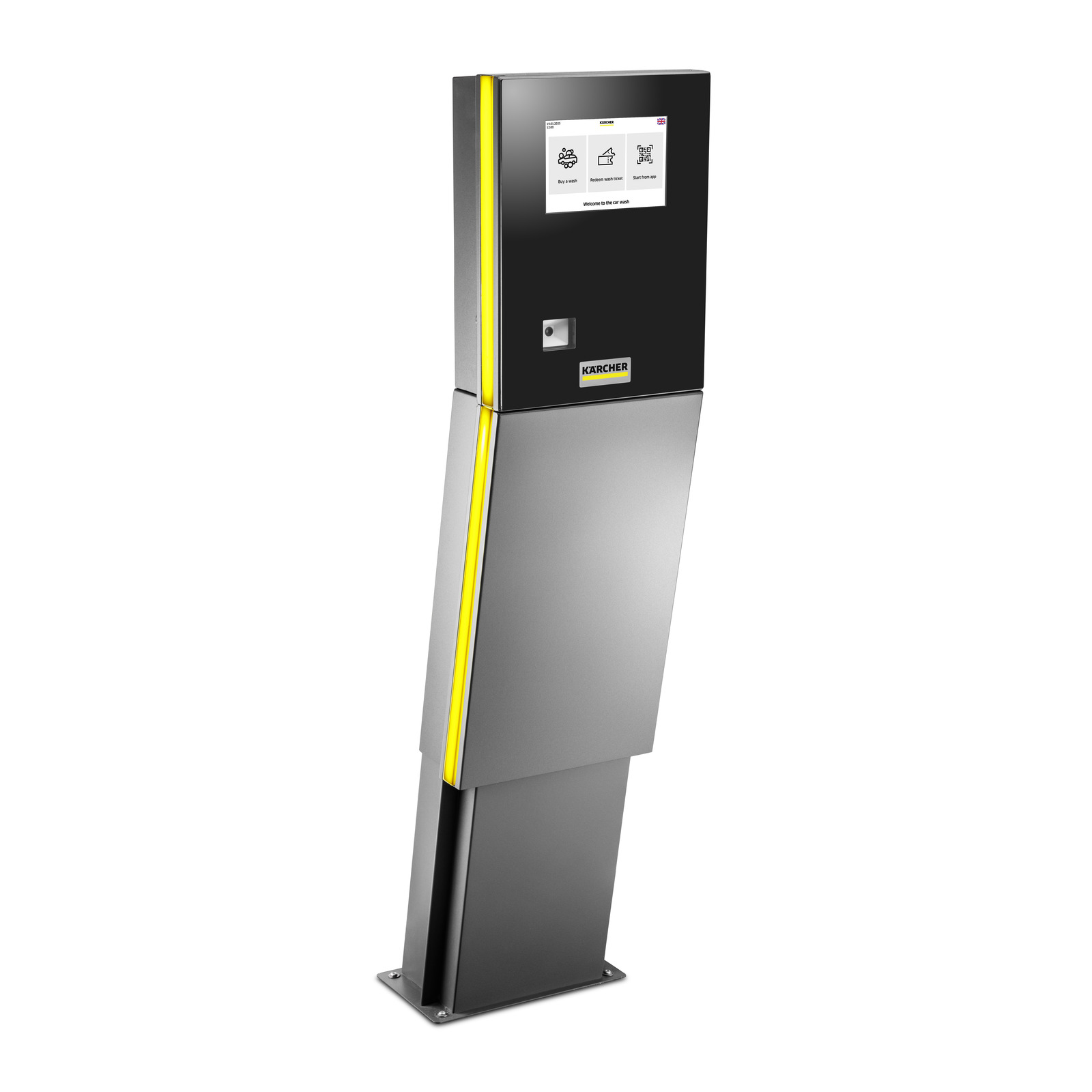 Kärcher payment terminal with a screen, card reader, and coin slot, featuring yellow accents, on a white background. Kärcher payment terminal with a screen, card reader, and coin slot, featuring yellow accents, on a white background.