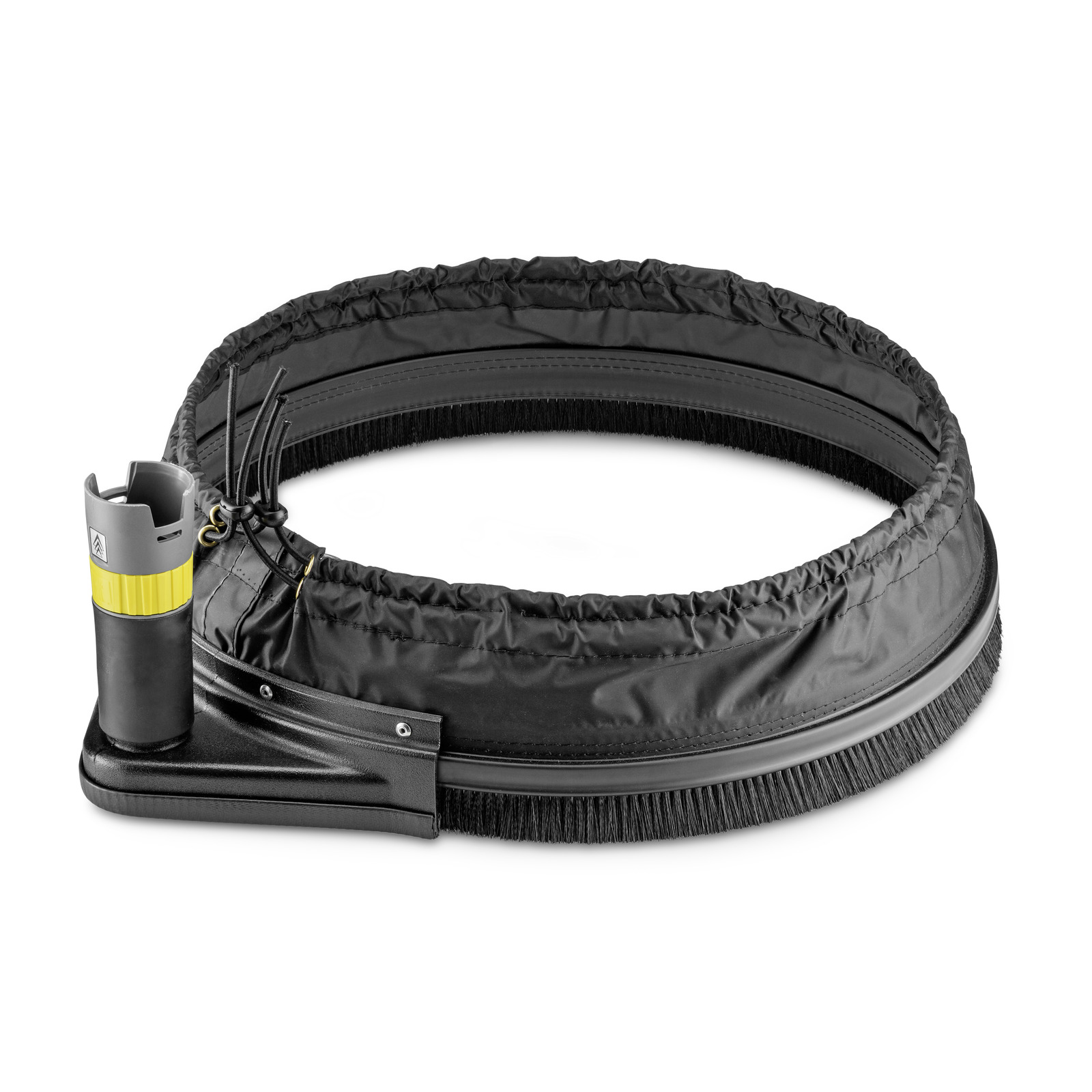 Kärcher circular splash guard accessory with a brush skirt and yellow connection point, on a white background.