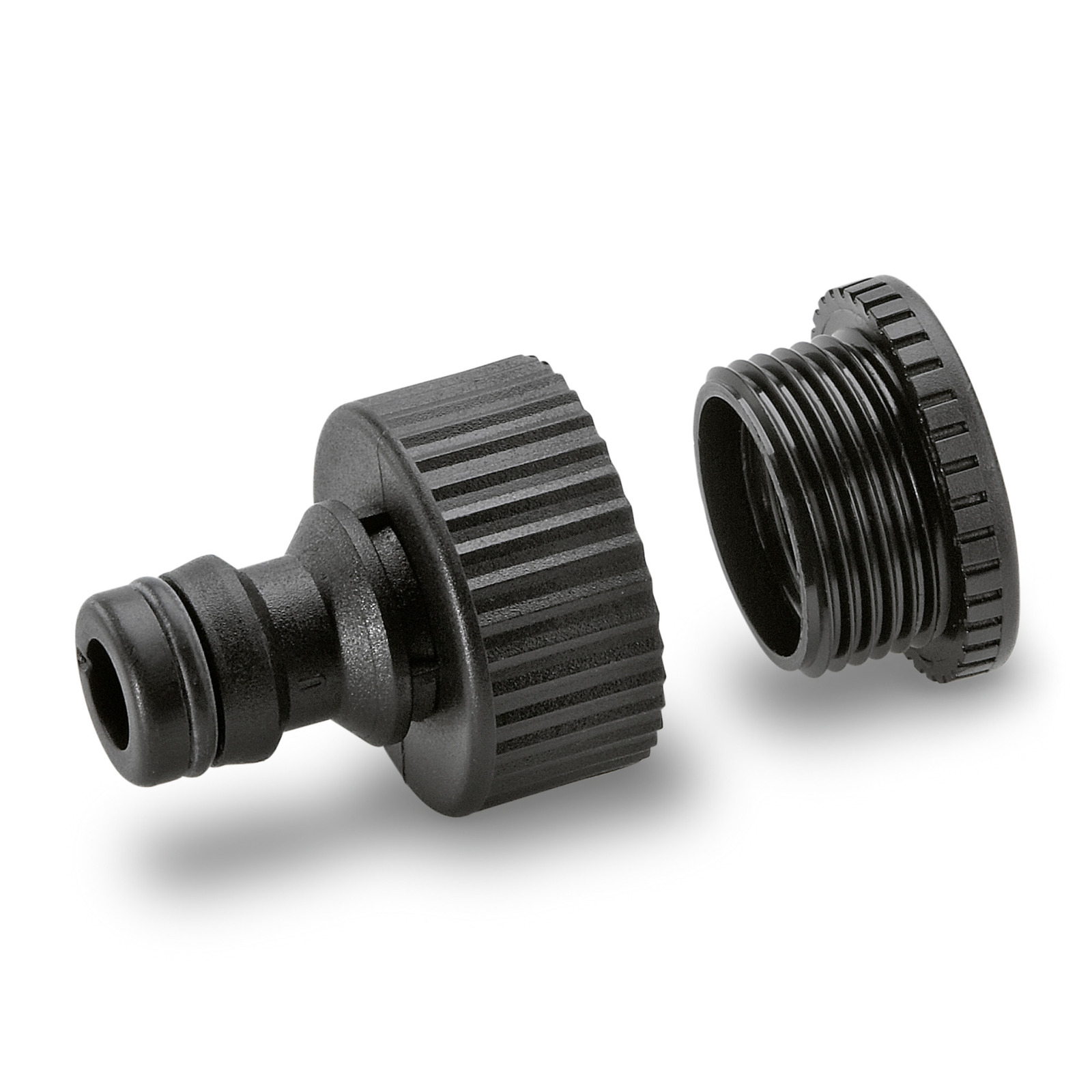 Black Kärcher hose connector with threaded cap, shown on a white background. Black Kärcher hose connector with threaded cap, shown on a white background.