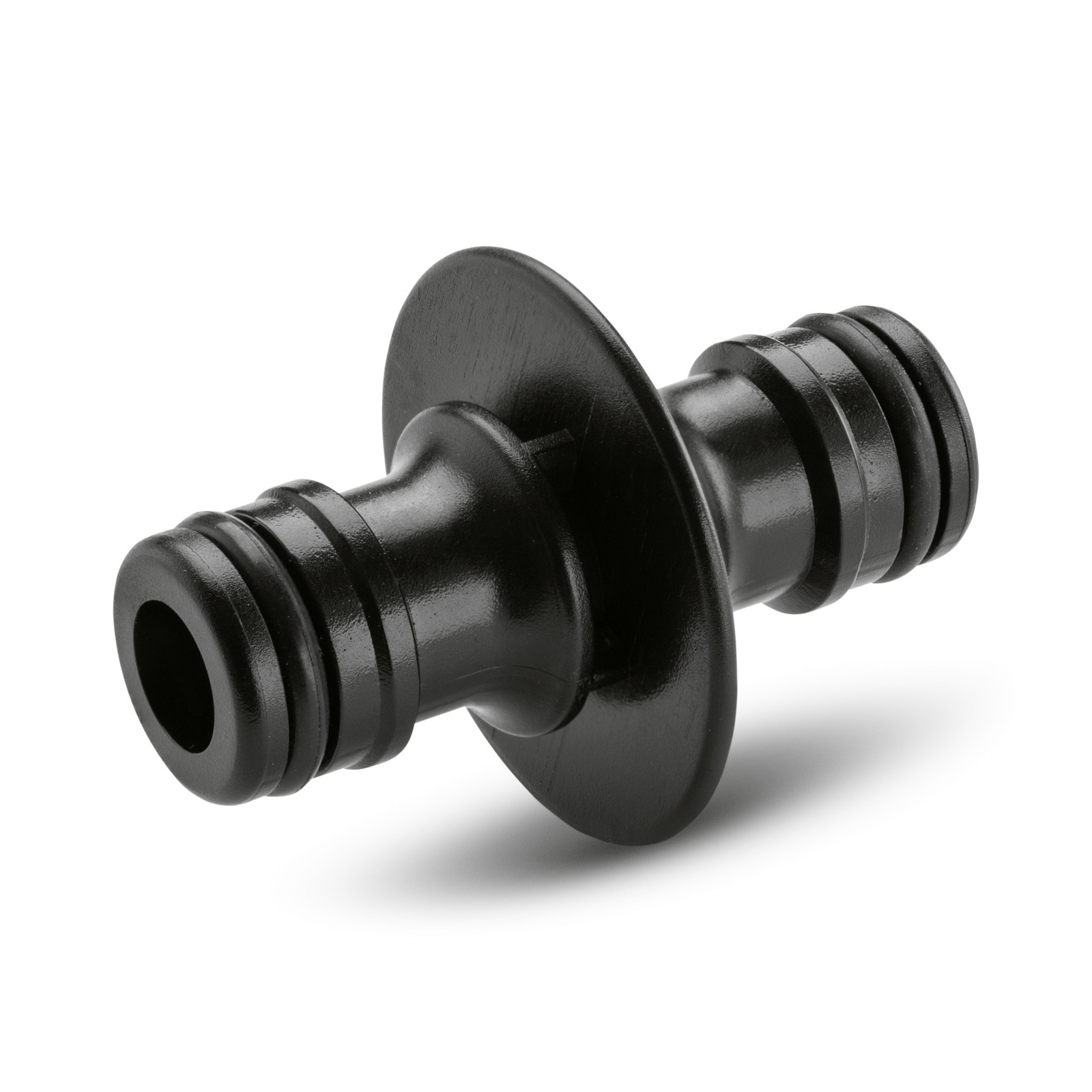Black plastic hose connector with two ribbed ends and a central flange, shown on a white background.