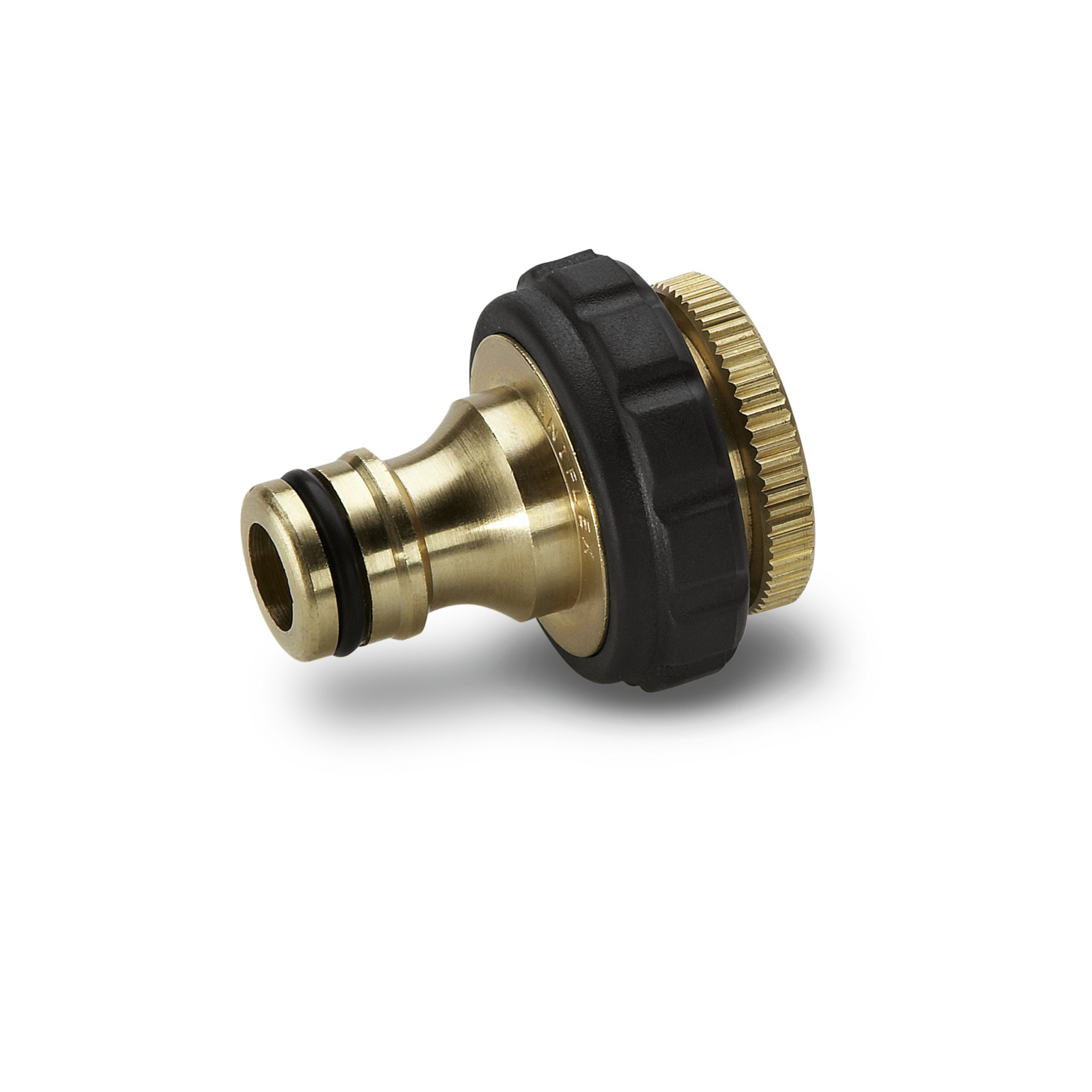 Brass hose connector with black rubber grip and threaded end, isolated on white background.