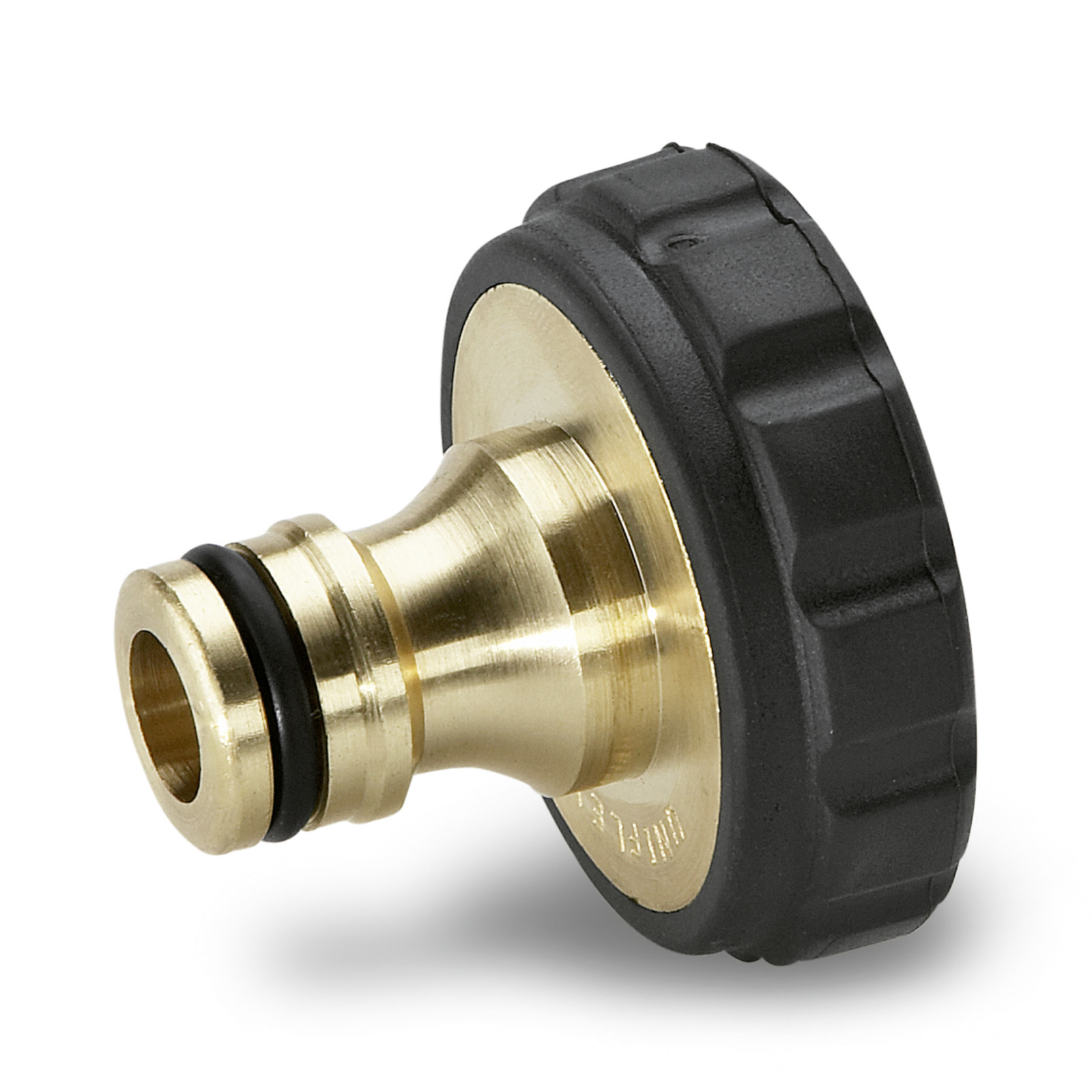 Brass hose connector with black plastic grip, featuring an O-ring seal.