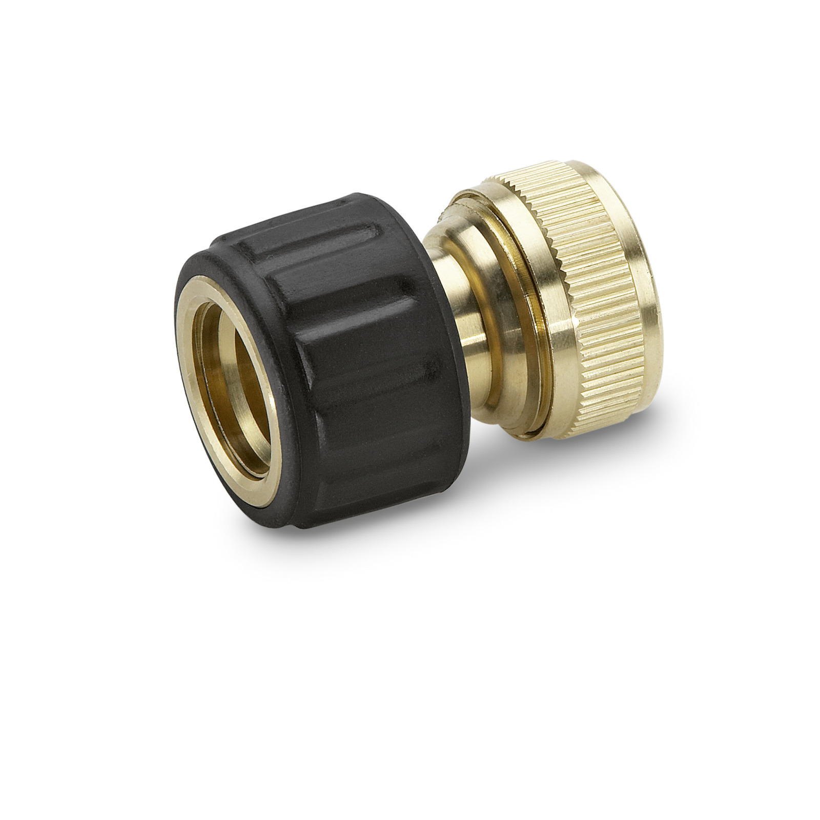 Brass hose connector with black grip, featuring threaded ends for secure attachment. Brass hose connector with black grip, featuring threaded ends for secure attachment.