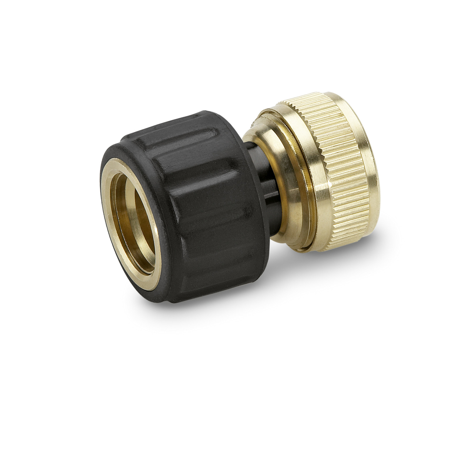 Brass and black plastic hose connector with ribbed grip and threaded end. Brass and black plastic hose connector with ribbed grip and threaded end.