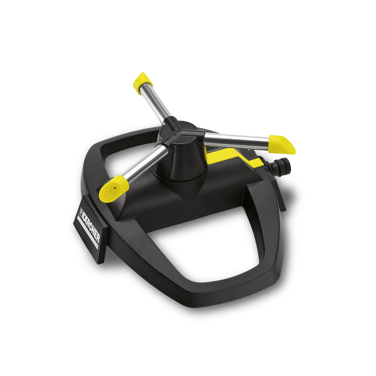 Kärcher rotating lawn sprinkler with black base and three metal arms, featuring yellow nozzles.