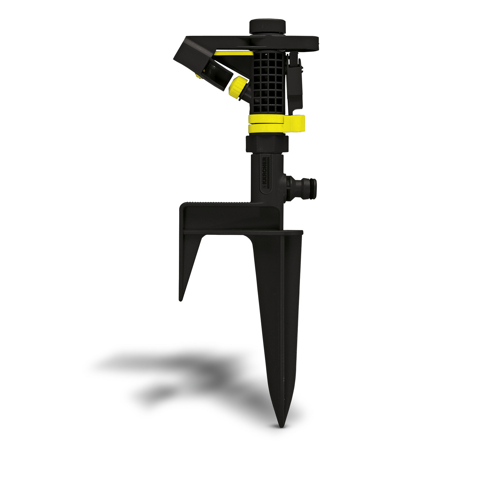 Kärcher garden sprinkler with black and yellow design, featuring a spike base for ground insertion.