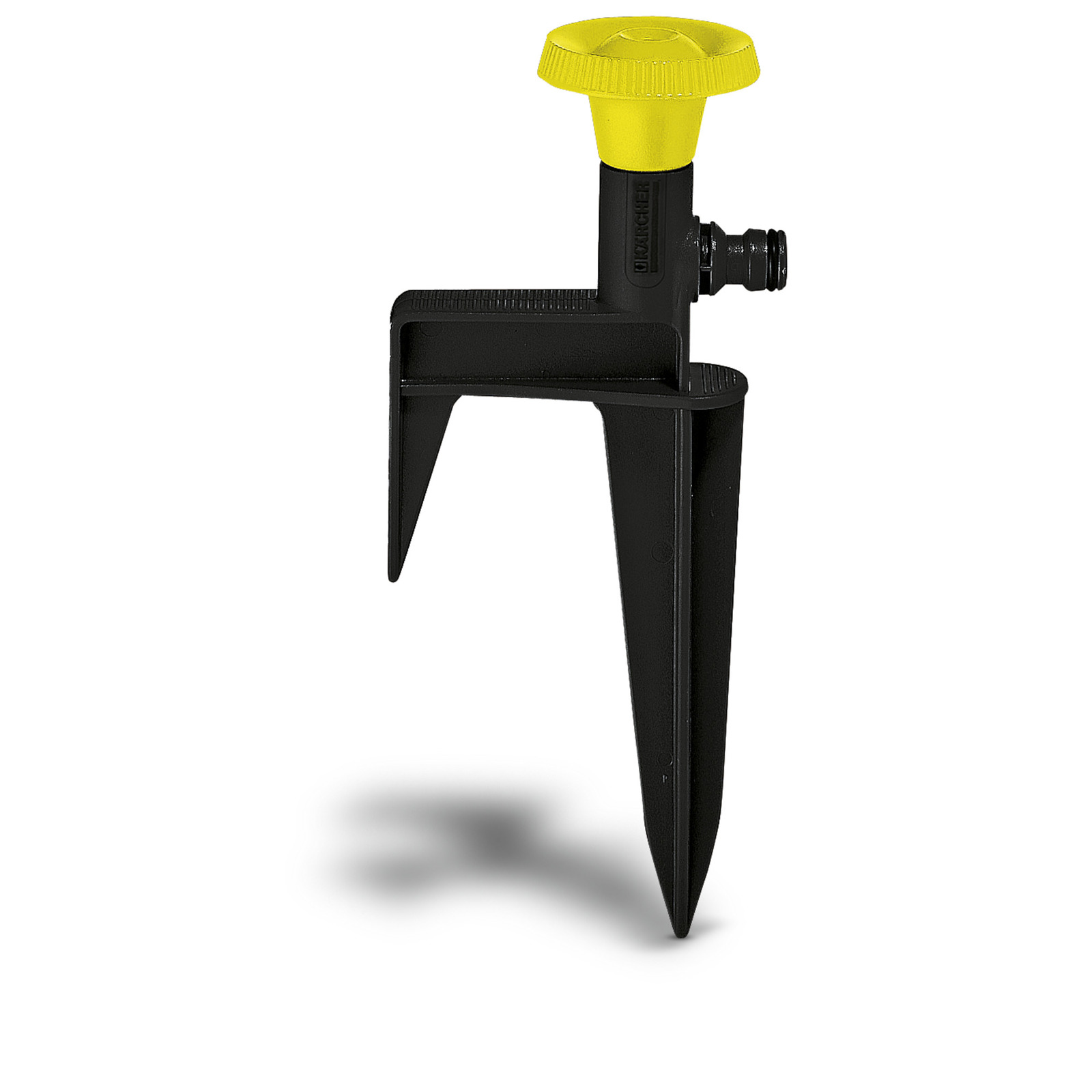 Kärcher garden sprinkler with a yellow adjustable nozzle and black stake base, isolated on a white background. Kärcher garden sprinkler with a yellow adjustable nozzle and black stake base, isolated on a white background.