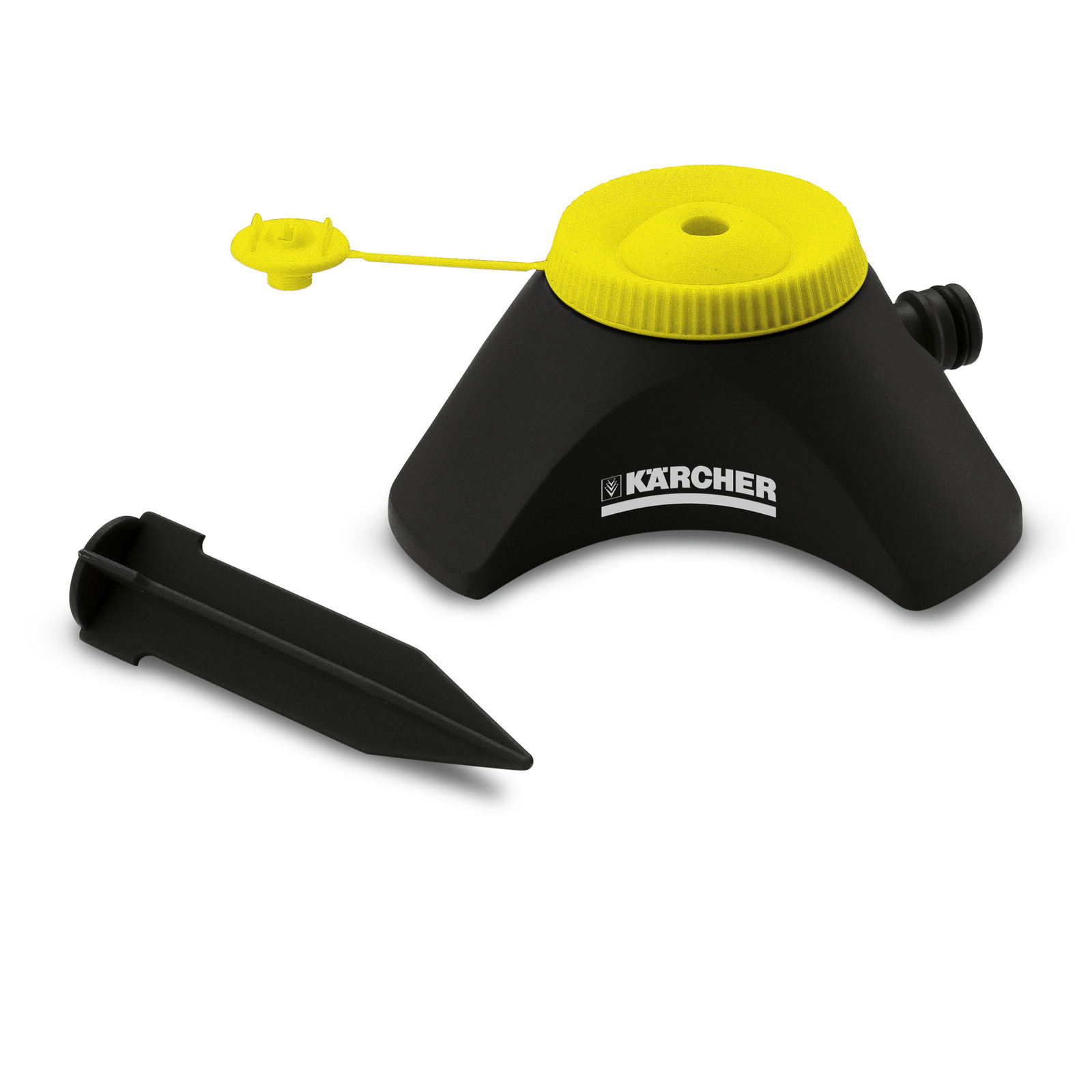 Kärcher sprinkler base with yellow cap and black ground spike on white background. Kärcher sprinkler base with yellow cap and black ground spike on white background.