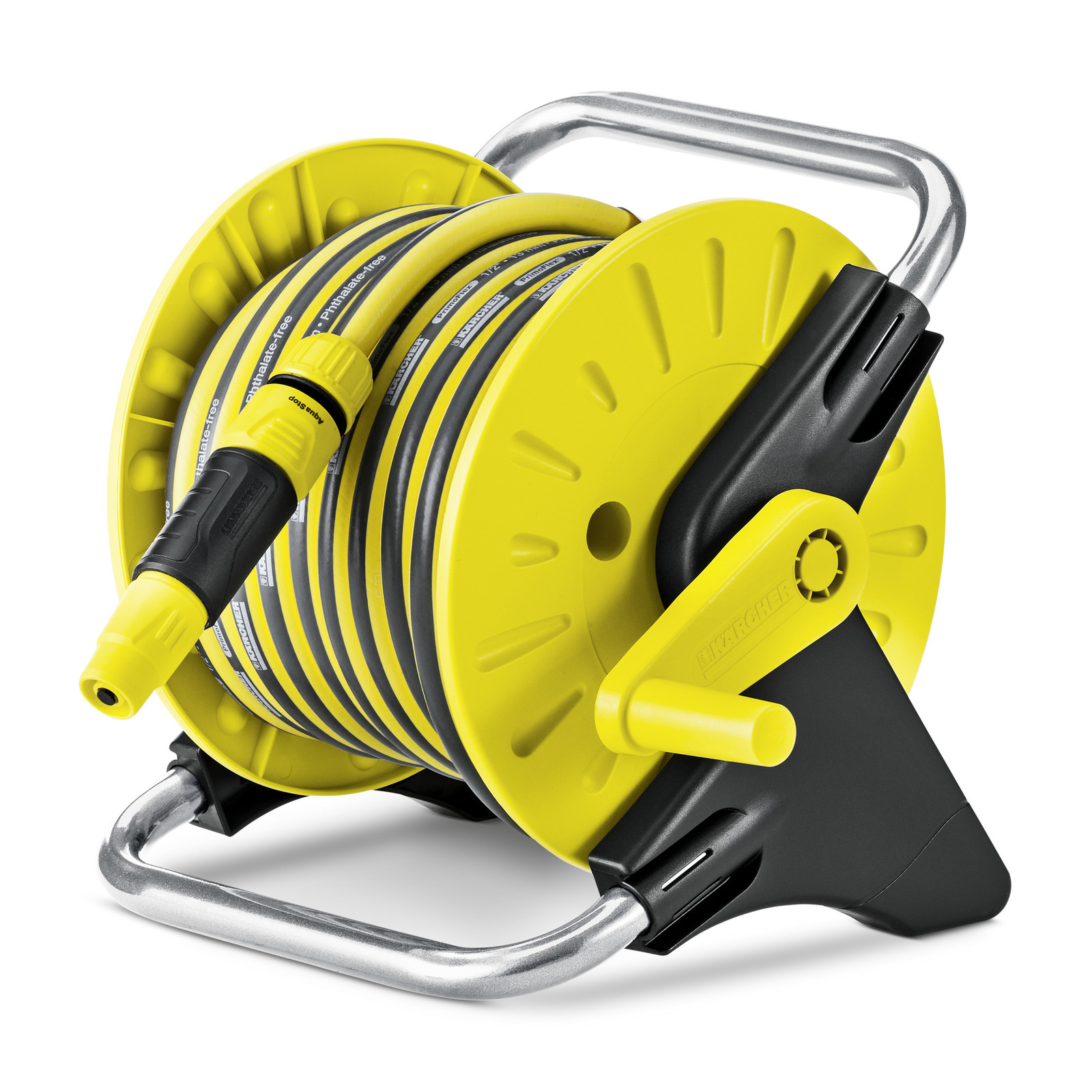 Yellow Kärcher hose reel with a black handle and silver frame, coiled hose visible.