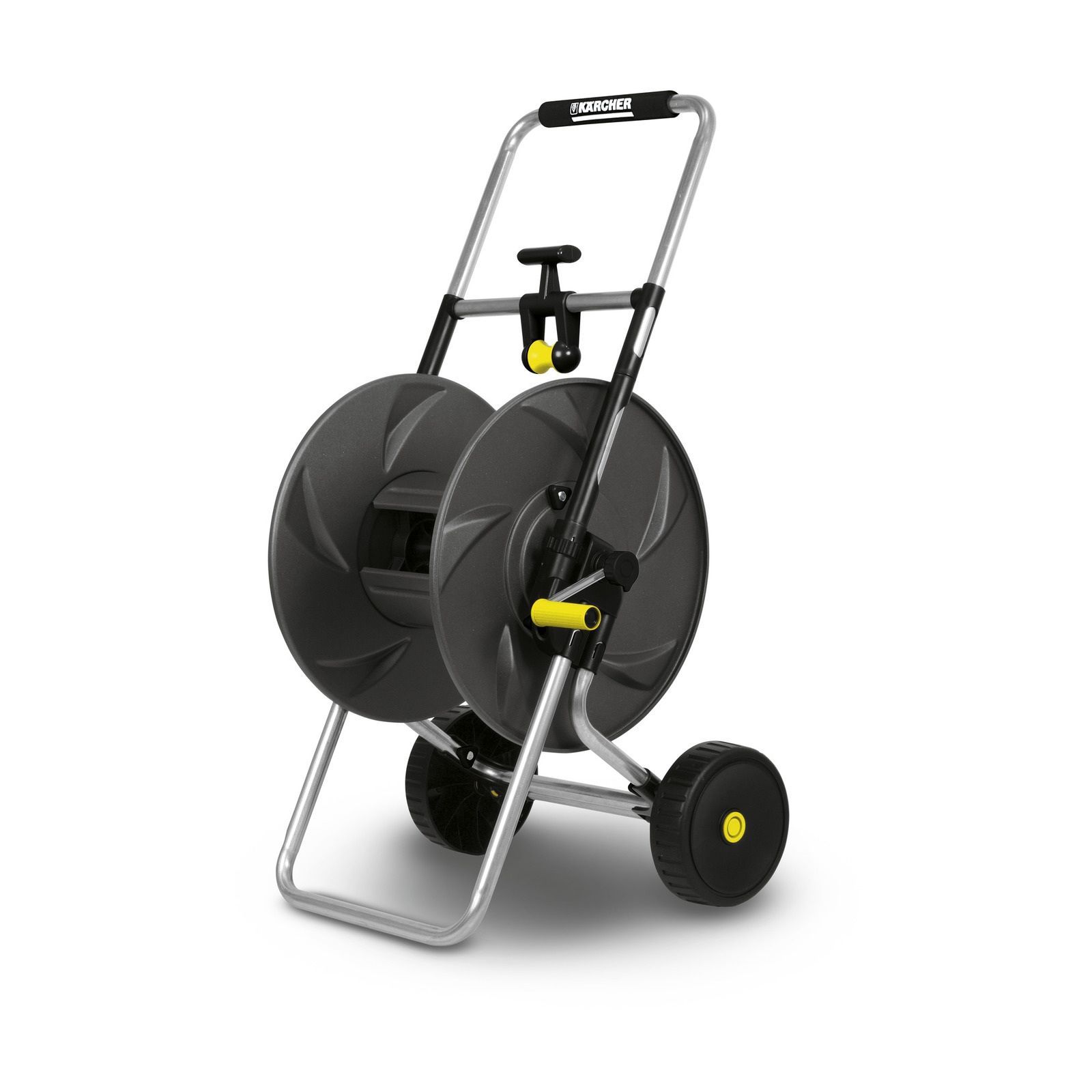 Kärcher hose reel cart with two large wheels, grey reel, and yellow handle on a metal frame. Kärcher hose reel cart with two large wheels, grey reel, and yellow handle on a metal frame.