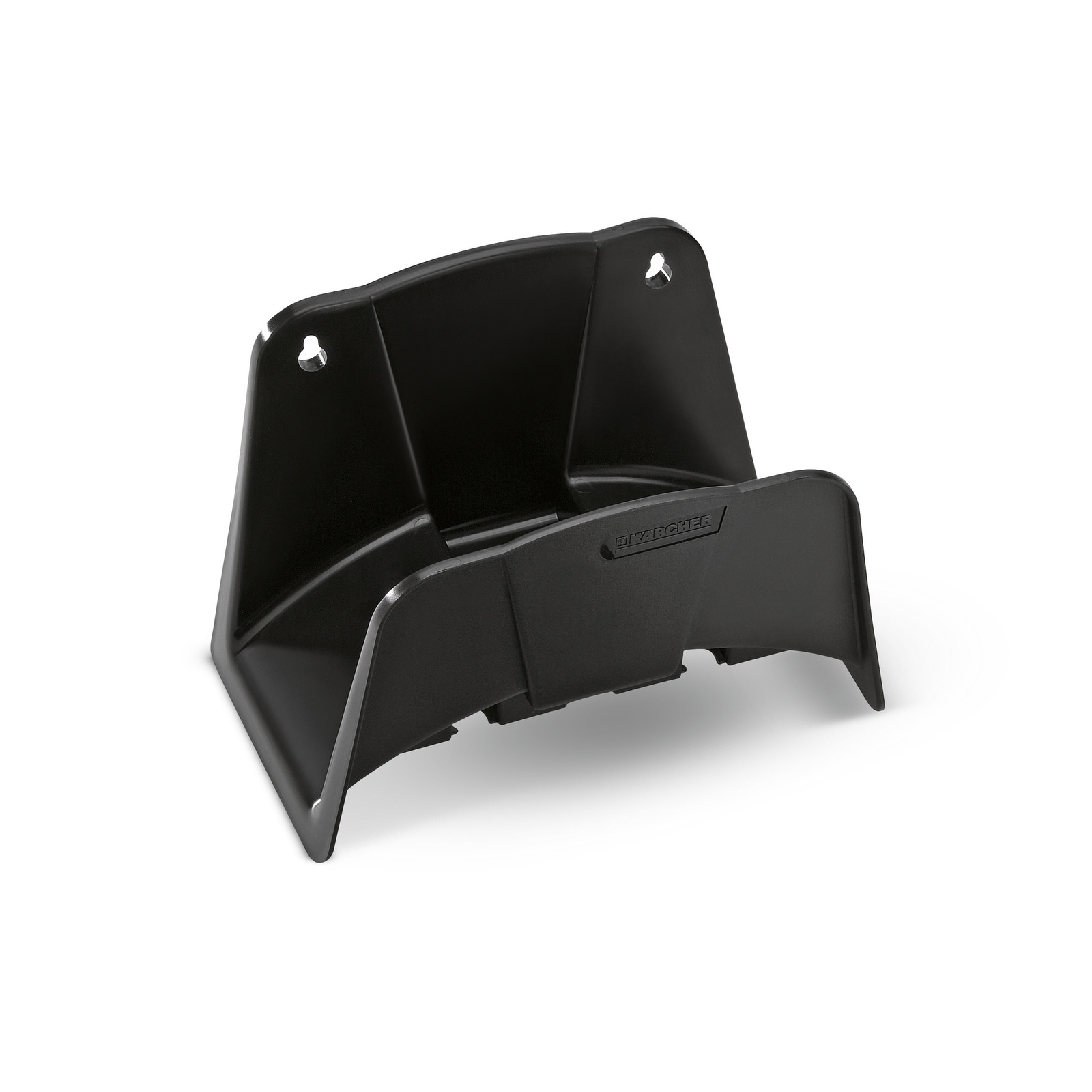 Black Kärcher hose holder with wall mounting holes, featuring a curved design and embossed logo. Black Kärcher hose holder with wall mounting holes, featuring a curved design and embossed logo.