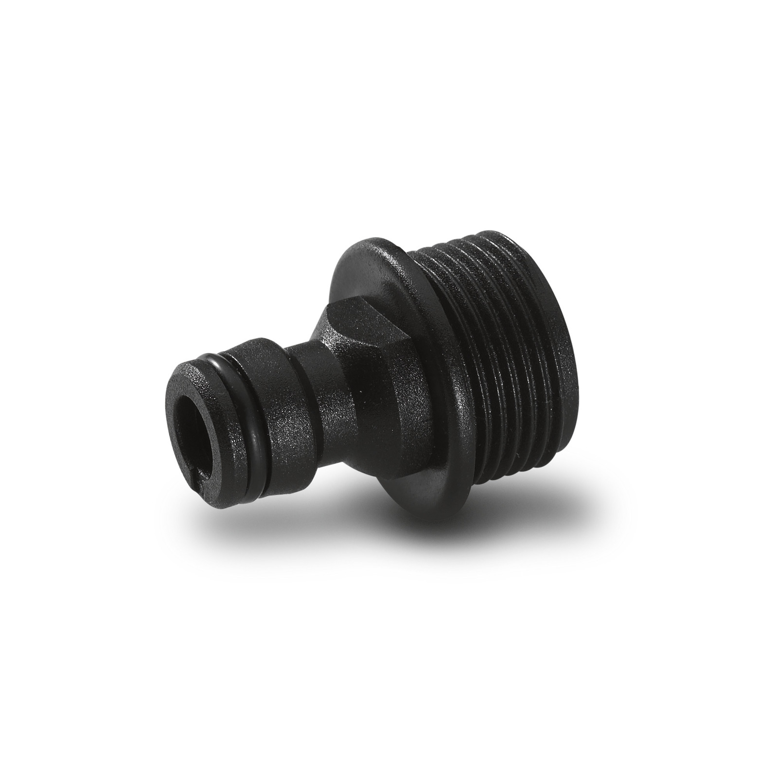 Black plastic hose connector with threaded end and smooth surface, isolated on a white background. Black plastic hose connector with threaded end and smooth surface, isolated on a white background.