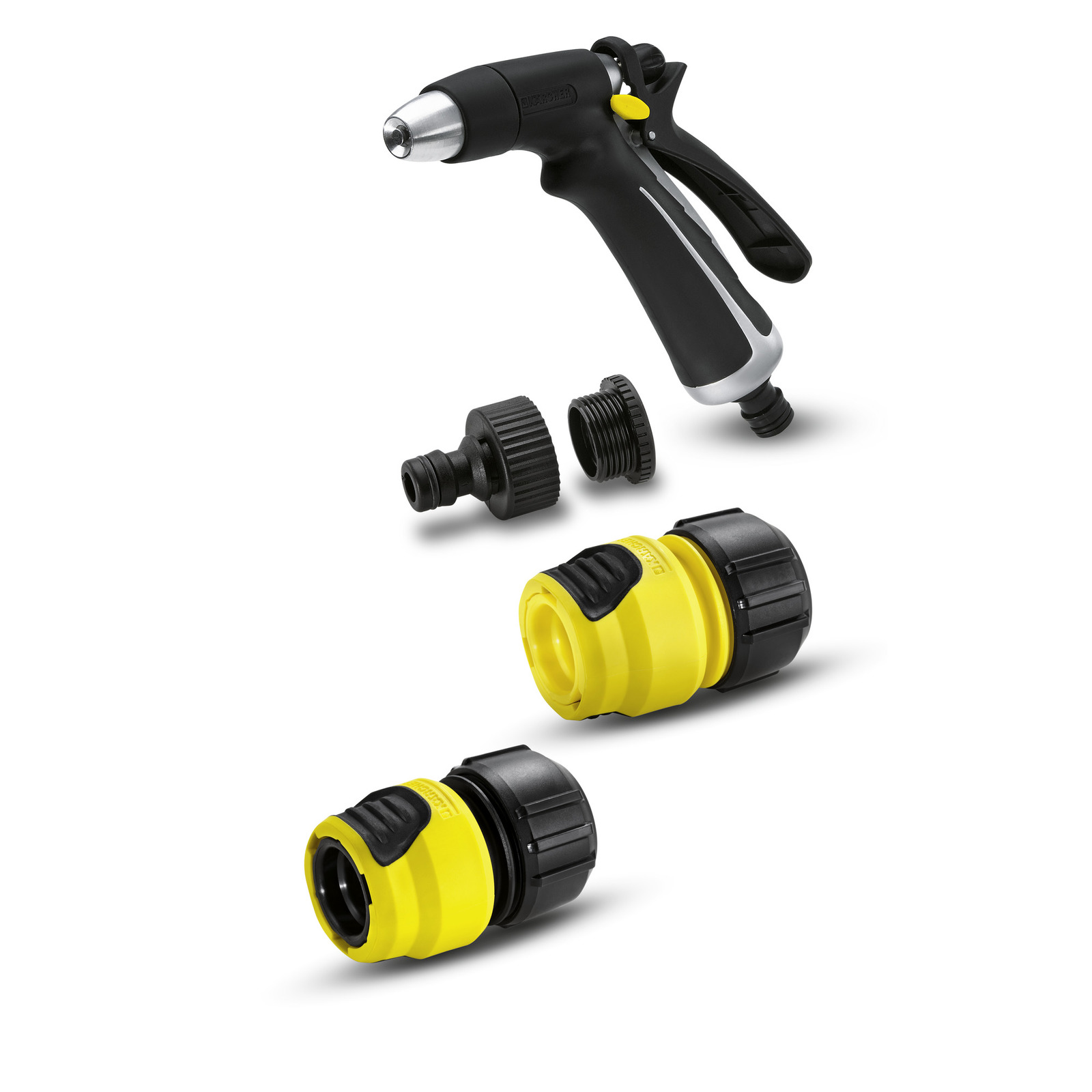 Kärcher garden hose nozzle set with black and yellow connectors, including various attachments.