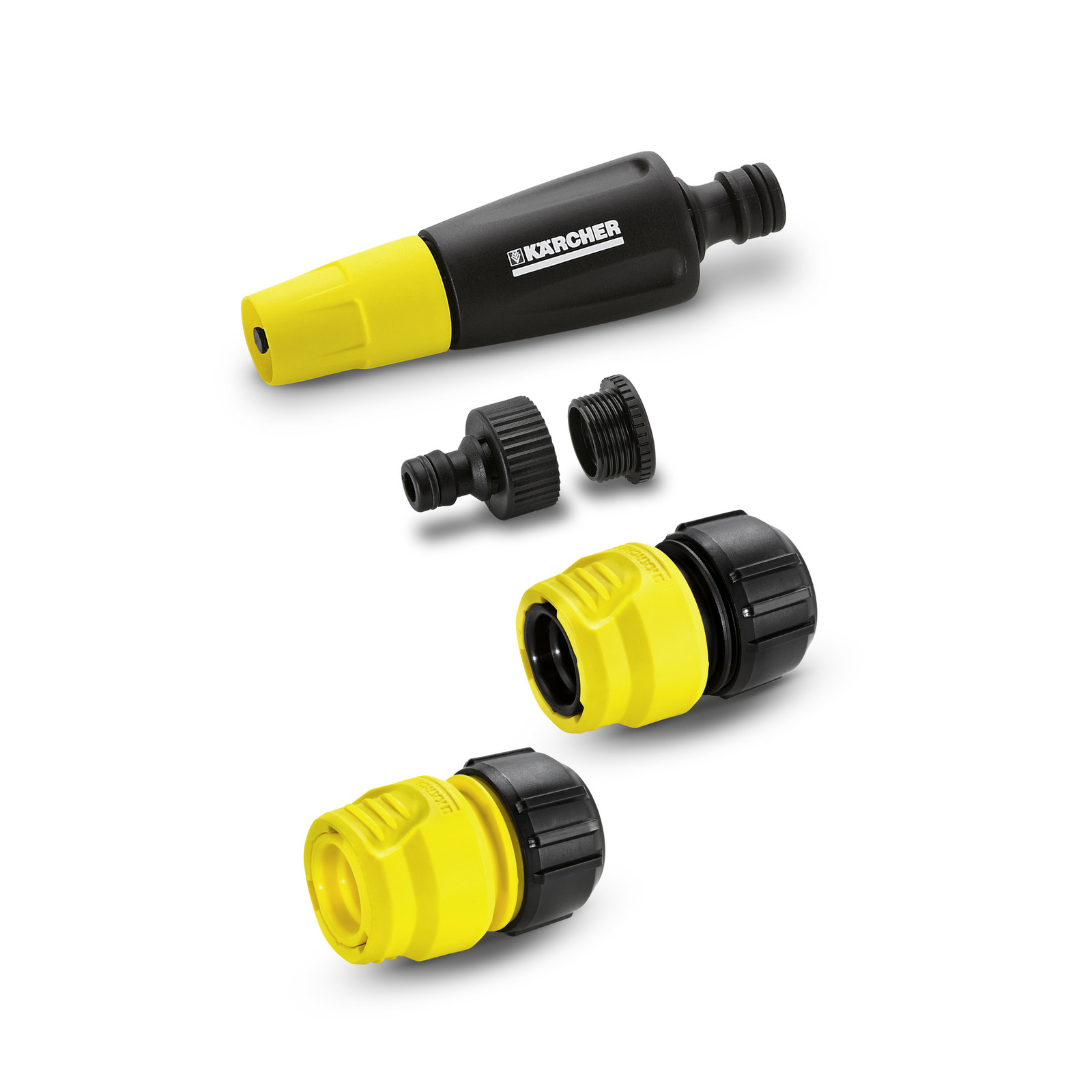 Kärcher hose connector set with black and yellow fittings, including adapters and connectors on a white background. Kärcher hose connector set with black and yellow fittings, including adapters and connectors on a white background.