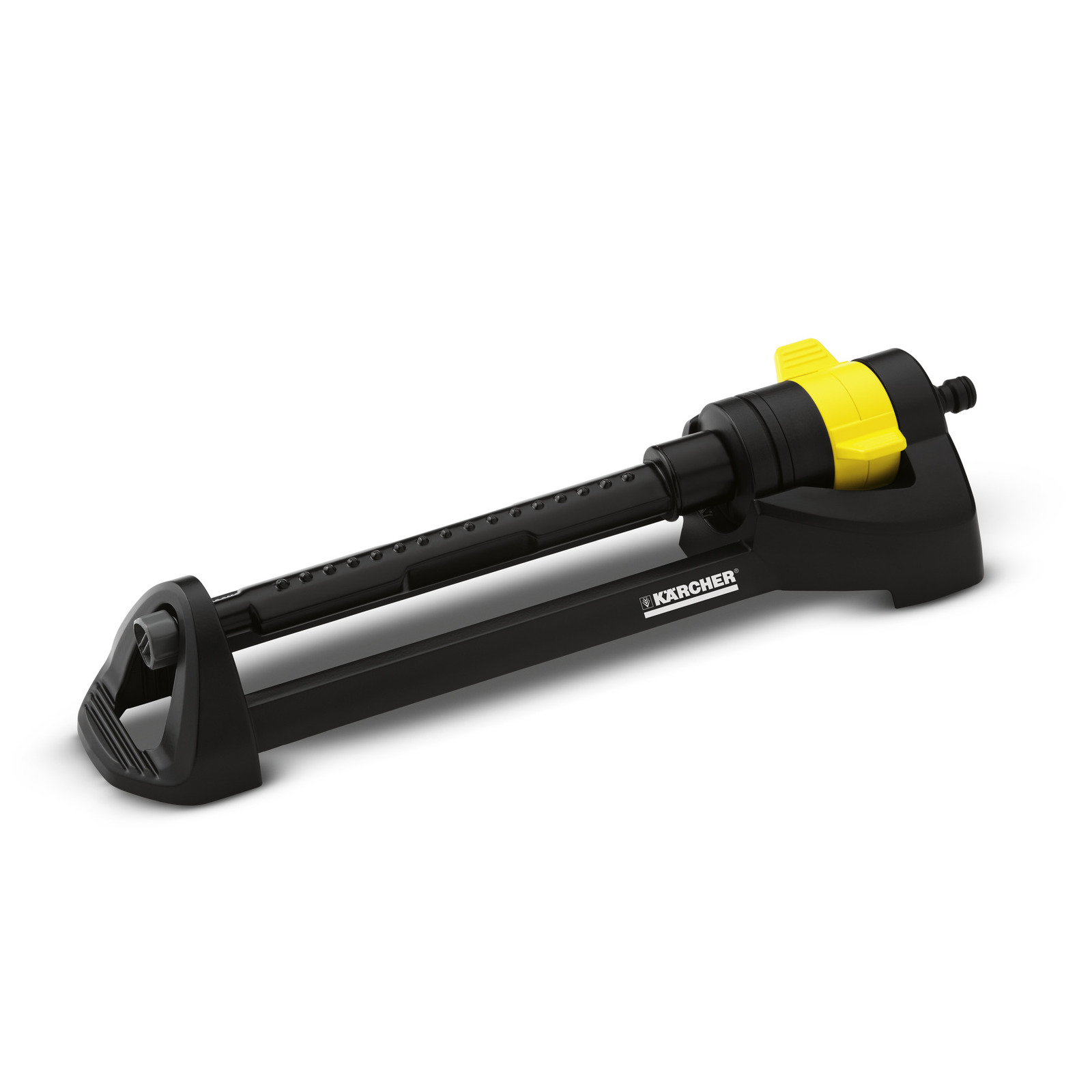 Kärcher oscillating sprinkler with black base and yellow adjustment knob, designed for garden watering.