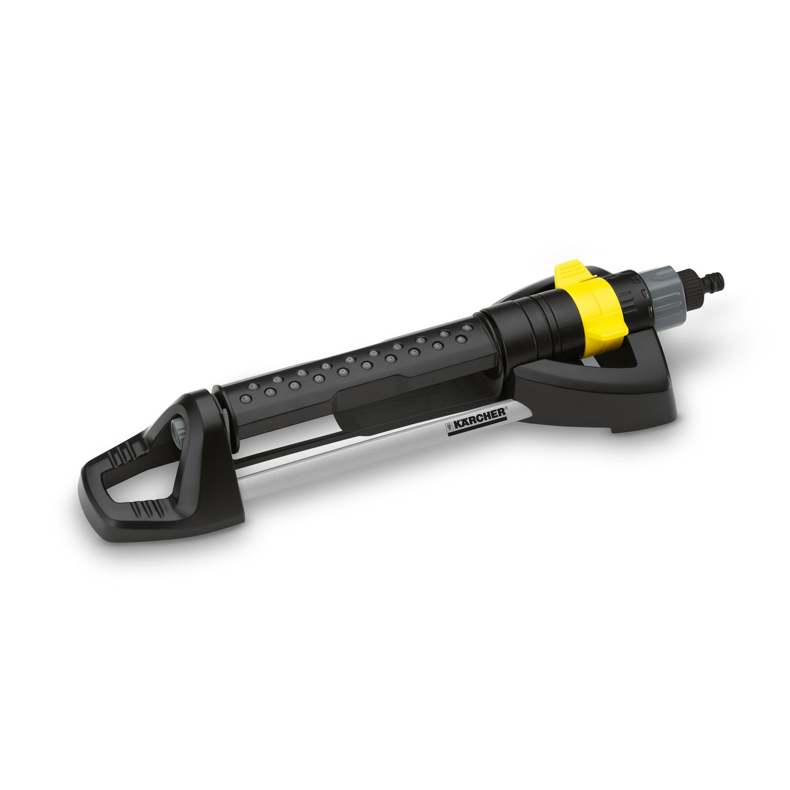 Kärcher oscillating sprinkler with black and yellow components, featuring adjustable settings. Kärcher oscillating sprinkler with black and yellow components, featuring adjustable settings.