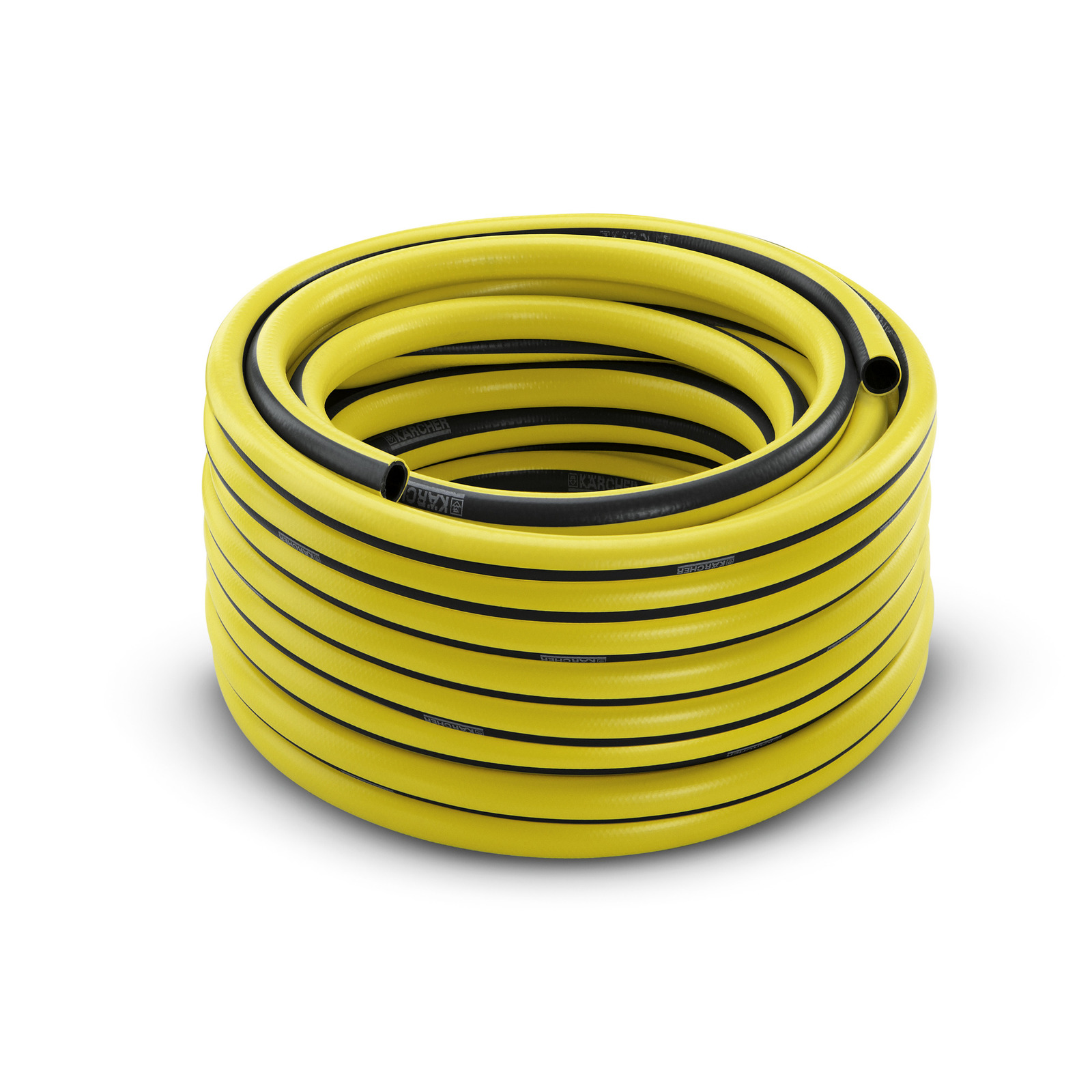 Coiled yellow Kärcher garden hose with black stripes, placed on a white background.