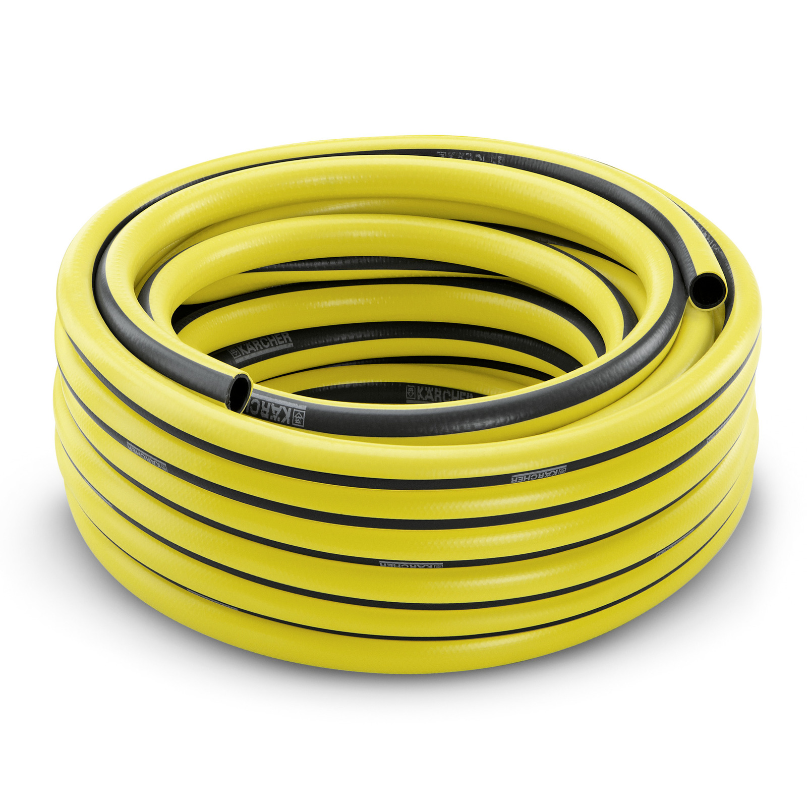 Coiled yellow Kärcher garden hose with black stripes, resting on a white surface.
