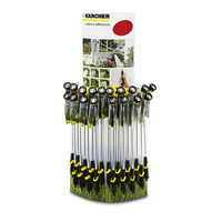 Display stand with multiple Kärcher garden spray nozzles, featuring promotional images and branding.