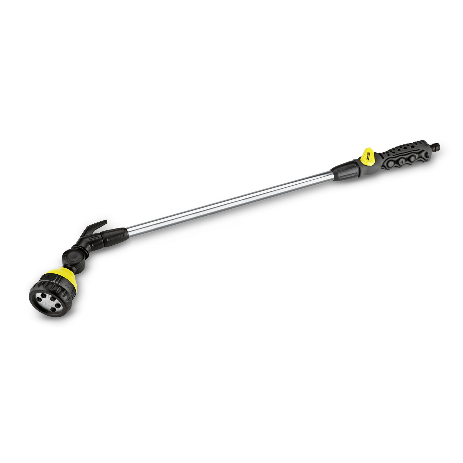 Kärcher spray lance with adjustable nozzle, black and yellow handle, and silver extension tube. Kärcher spray lance with adjustable nozzle, black and yellow handle, and silver extension tube.
