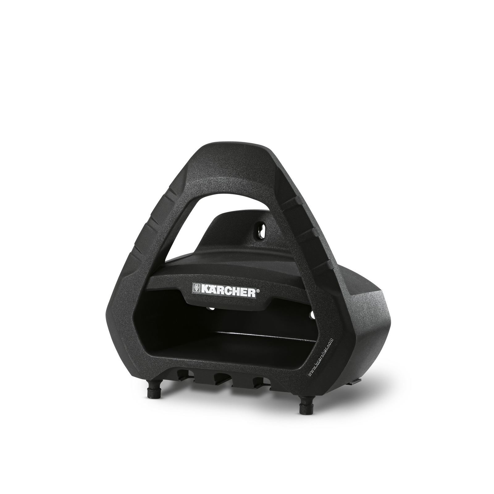 Black Kärcher hose reel holder with a triangular design, featuring a branded logo on the front.