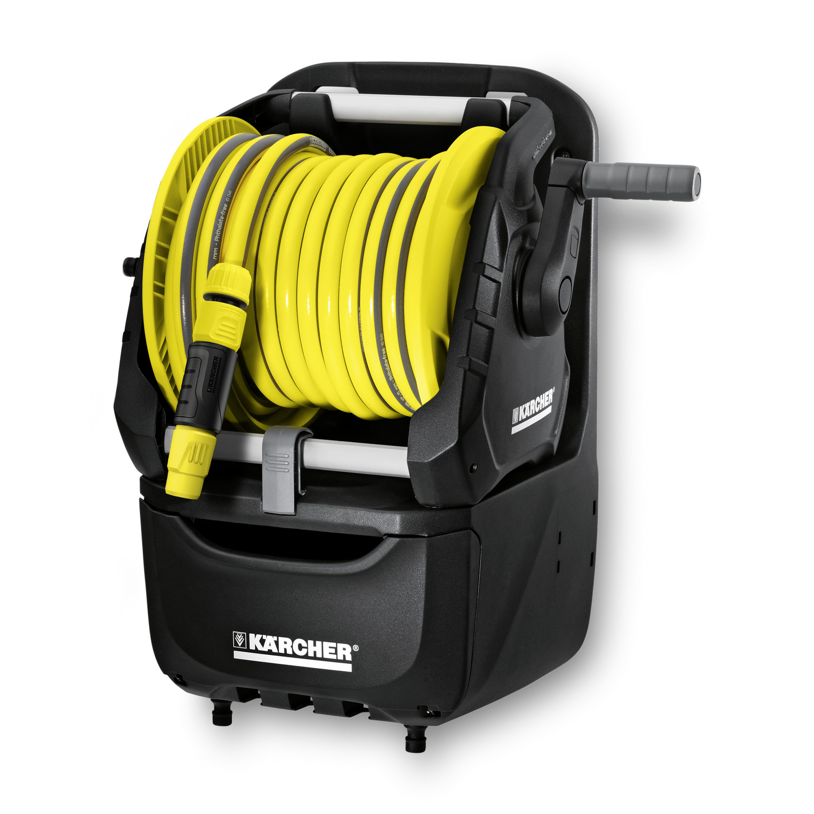 Kärcher hose reel with yellow hose, mounted on a black portable frame with handle and crank. Kärcher hose reel with yellow hose, mounted on a black portable frame with handle and crank.