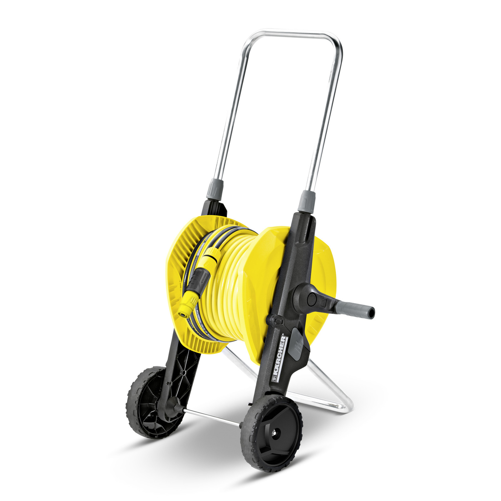 Kärcher hose reel cart with yellow hose, black wheels, and silver handle, isolated on a white background. Kärcher hose reel cart with yellow hose, black wheels, and silver handle, isolated on a white background.