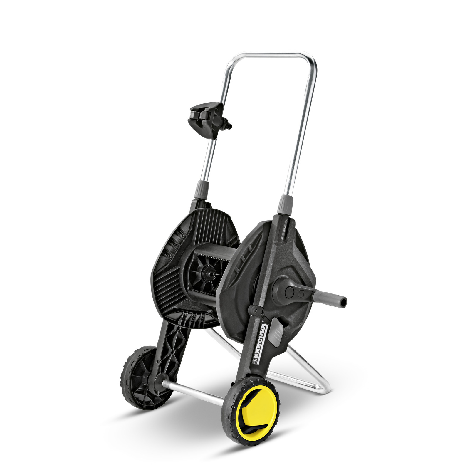 Kärcher hose reel cart with black and yellow wheels, silver handle, and crank. Kärcher hose reel cart with black and yellow wheels, silver handle, and crank.