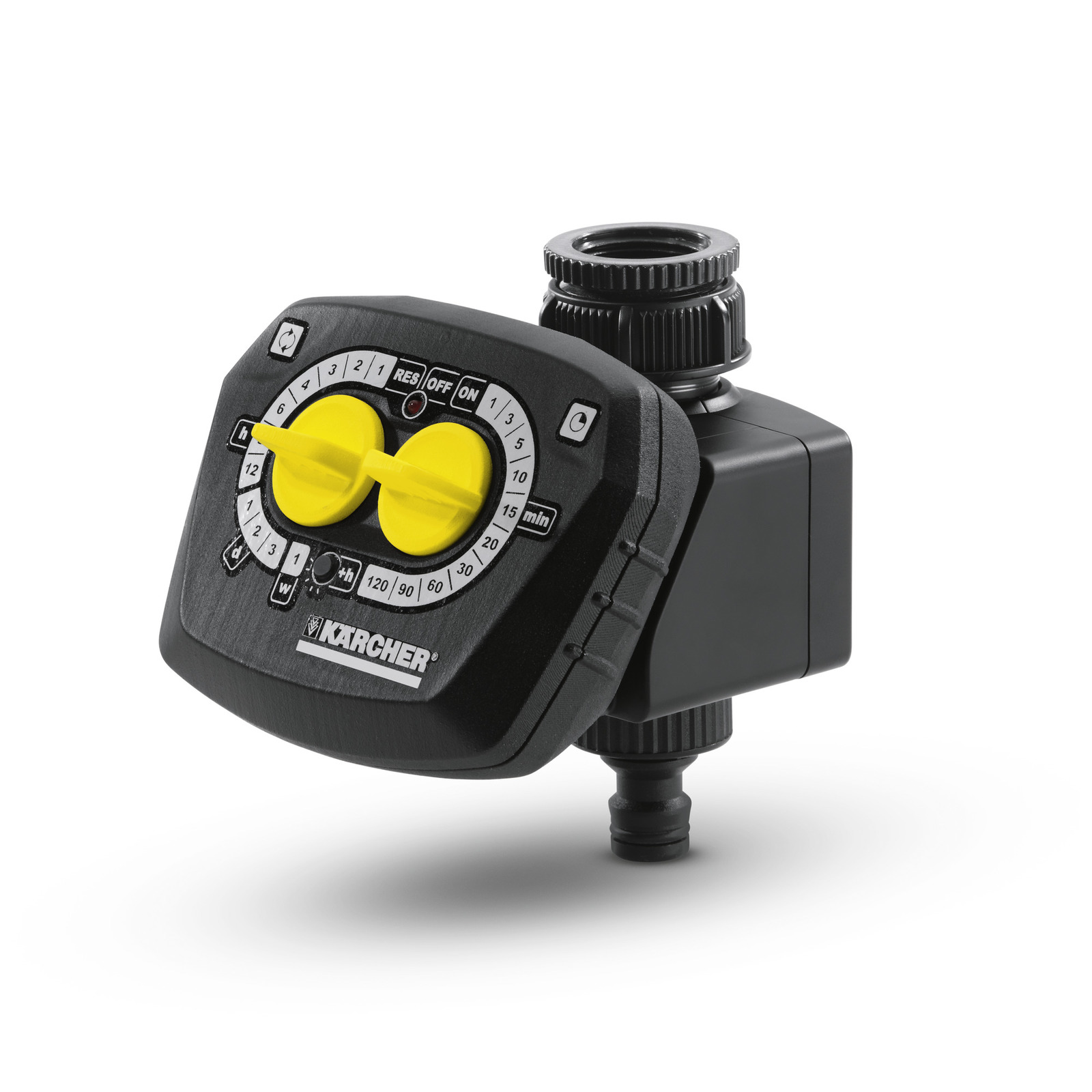 Kärcher water timer with black casing, yellow dials, and connection fitting, featuring numbered settings and control buttons.