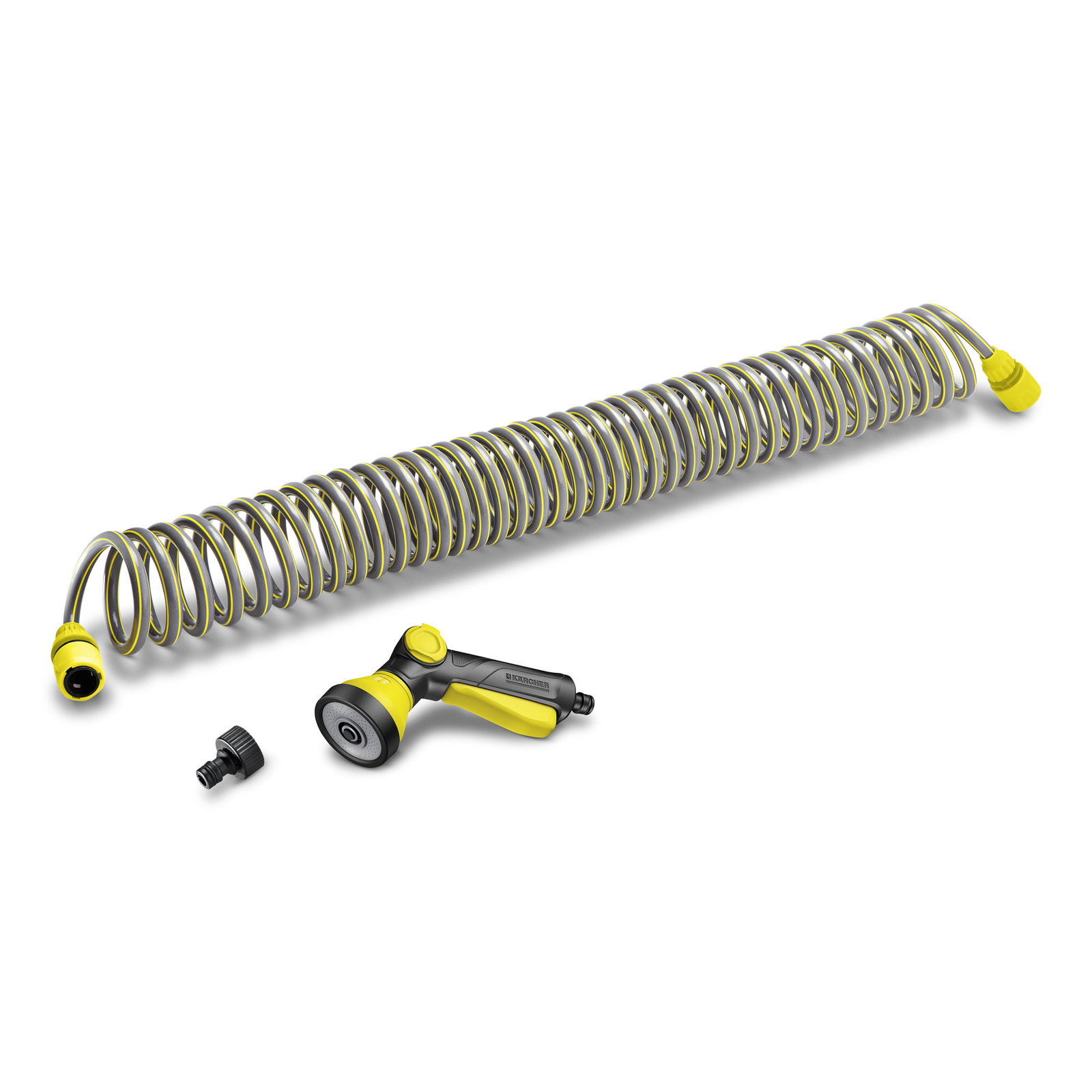 Coiled Kärcher garden hose with yellow connectors, spray gun, and black adapter on a white background. Coiled Kärcher garden hose with yellow connectors, spray gun, and black adapter on a white background.