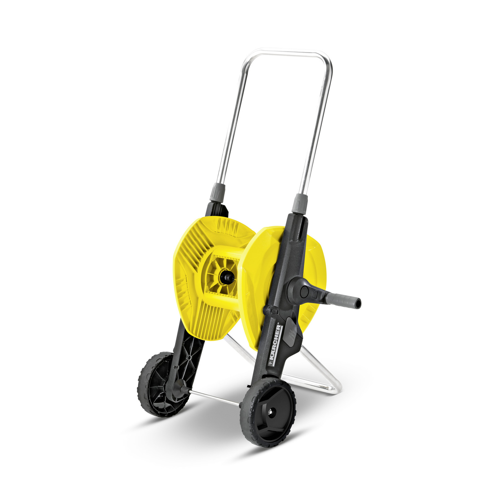 Yellow Kärcher hose reel cart with black wheels and a metal handle, designed for easy transport.