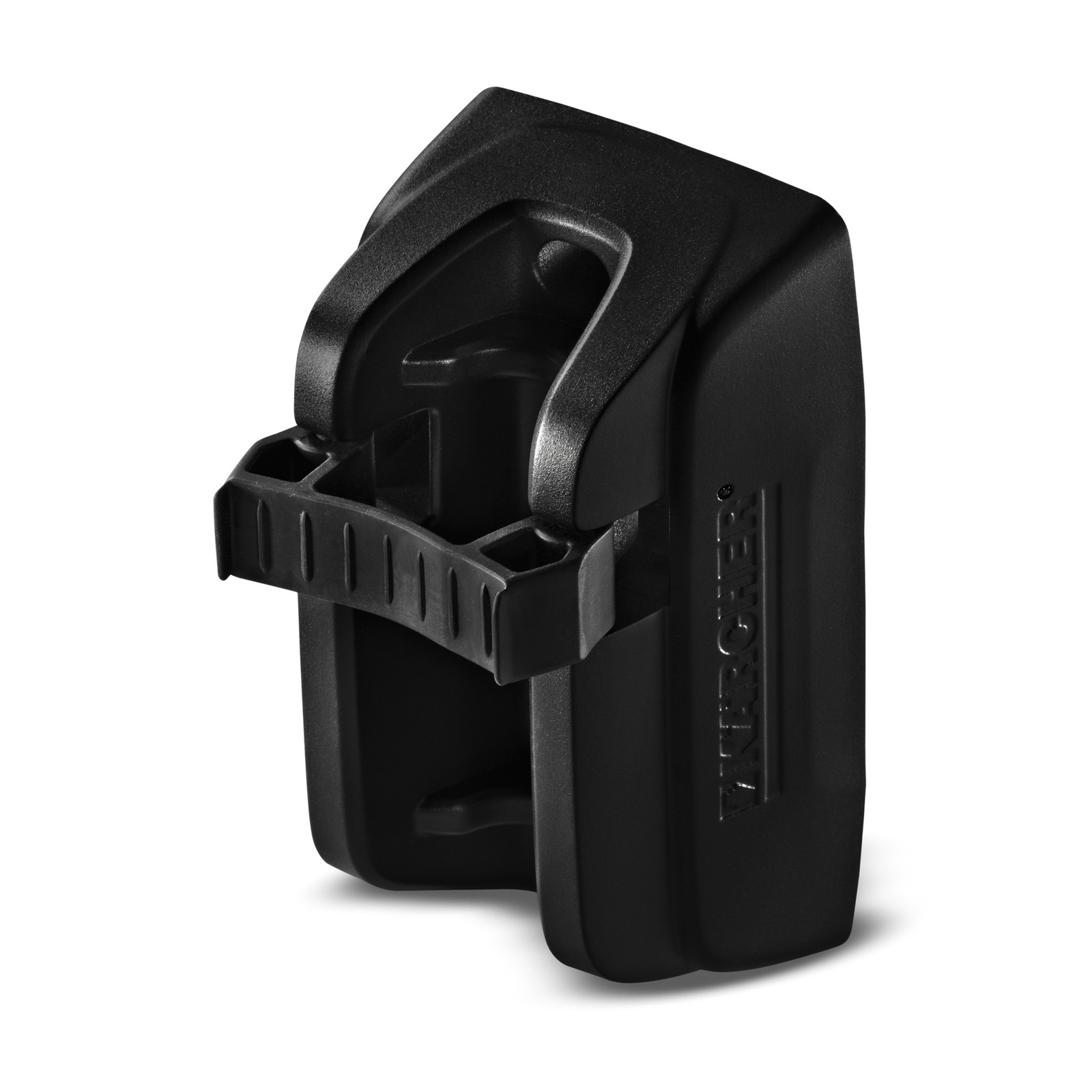 Black Kärcher accessory holder with a curved design and slots for attachments.
