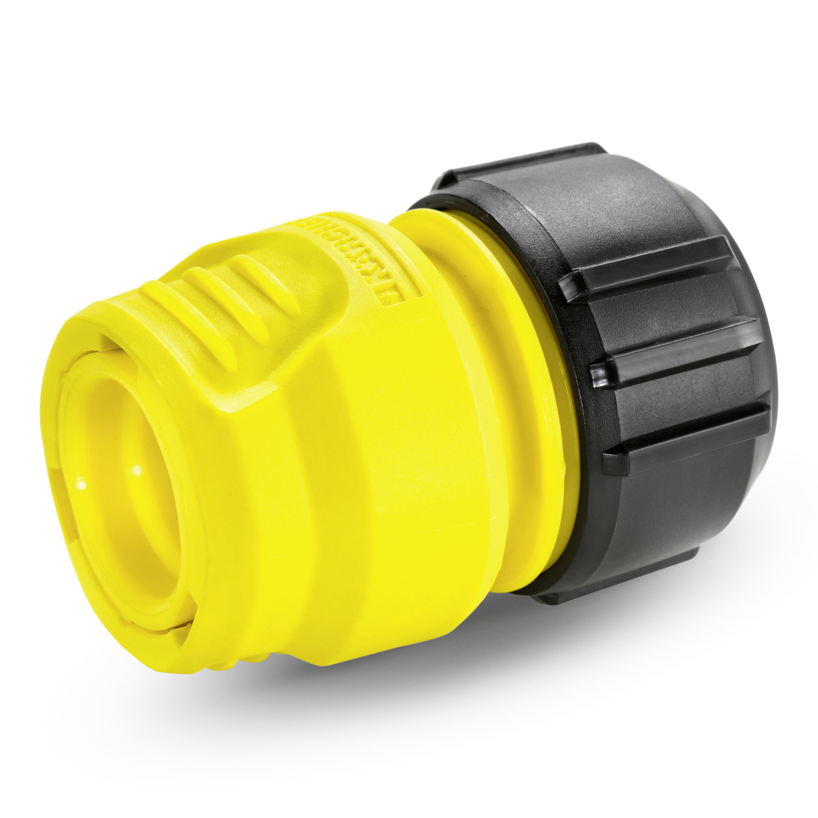 Yellow Kärcher hose connector with black grip, featuring textured surface and brand name.