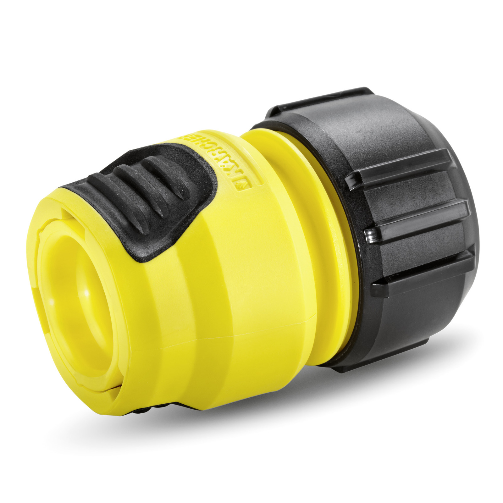 Yellow and black Kärcher hose connector with textured grip and ribbed end. Yellow and black Kärcher hose connector with textured grip and ribbed end.