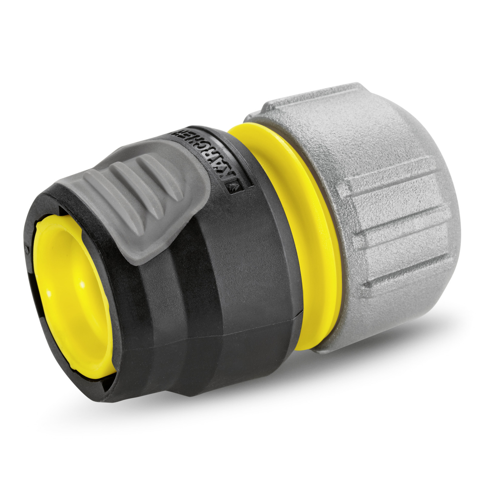 Kärcher hose connector with black, grey, and yellow design, featuring textured grip and branded logo. Kärcher hose connector with black, grey, and yellow design, featuring textured grip and branded logo.