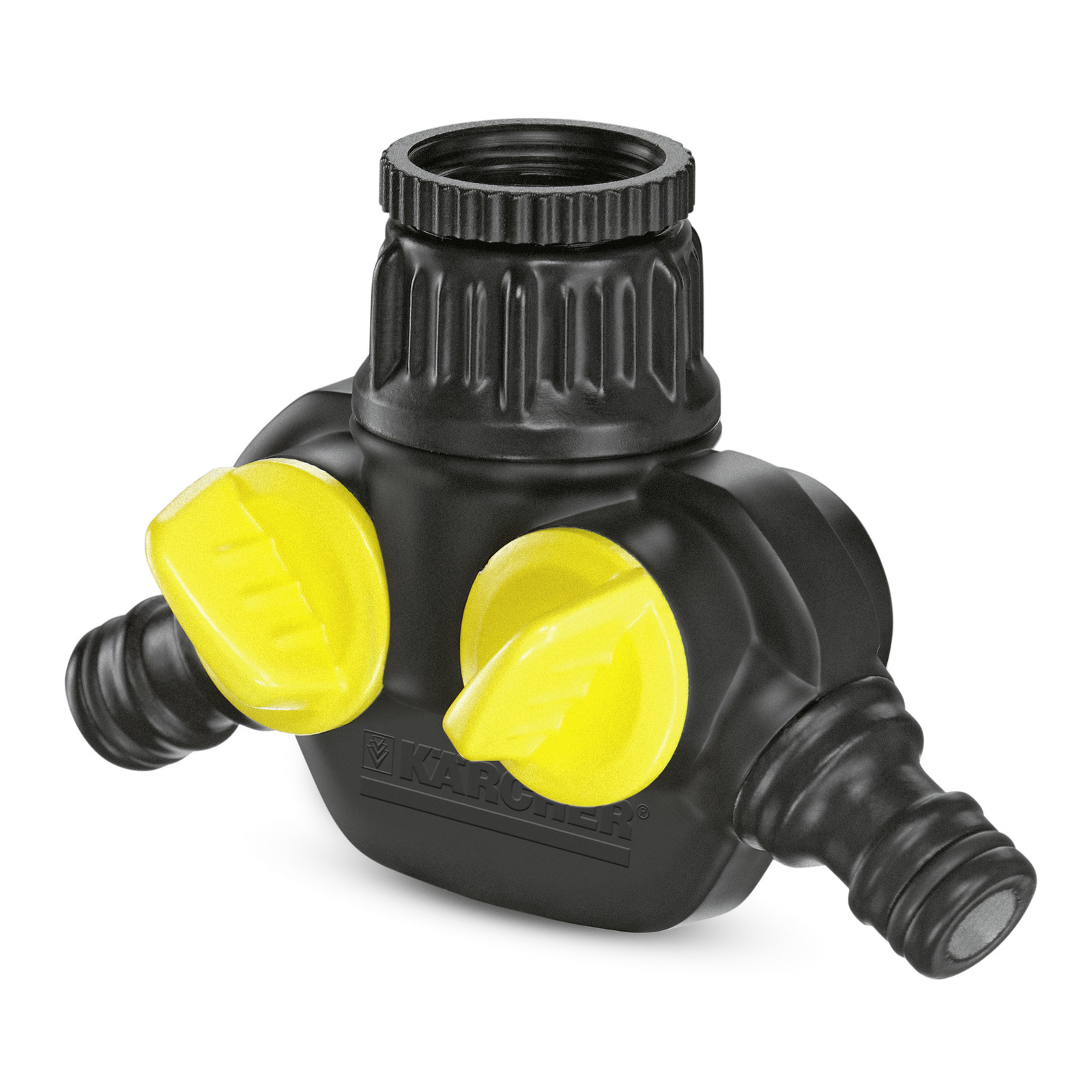 Black Kärcher hose connector with two yellow valves.