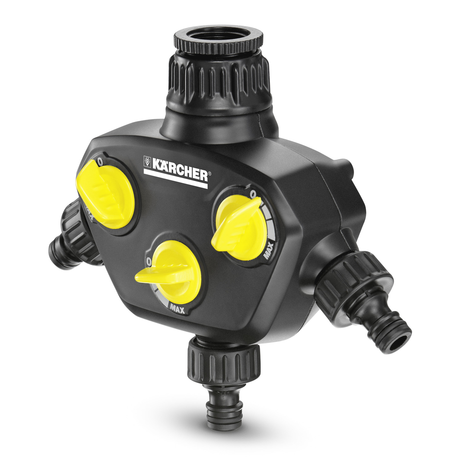 Kärcher water distributor with three yellow adjustable knobs and multiple hose connectors. Kärcher water distributor with three yellow adjustable knobs and multiple hose connectors.