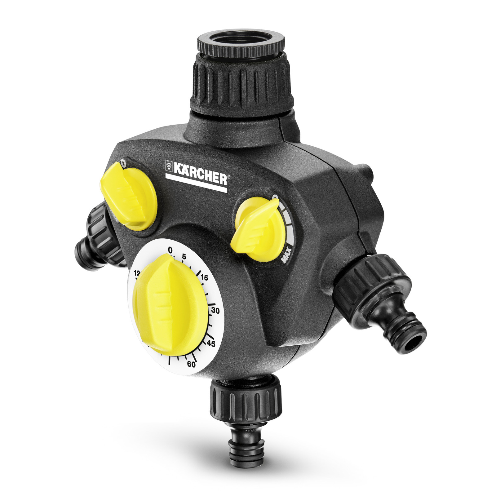 Kärcher water timer with black body, yellow dials, and multiple hose connectors.