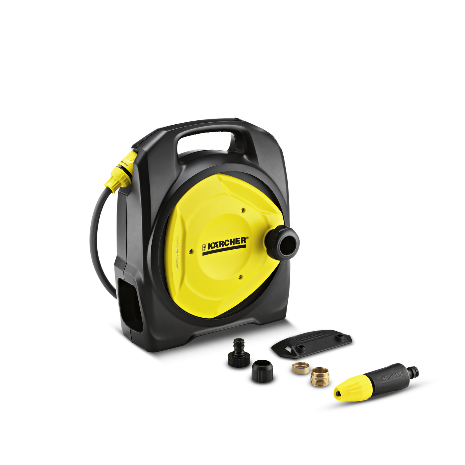 Kärcher hose reel with yellow and black design, accompanied by various connectors and a spray nozzle.