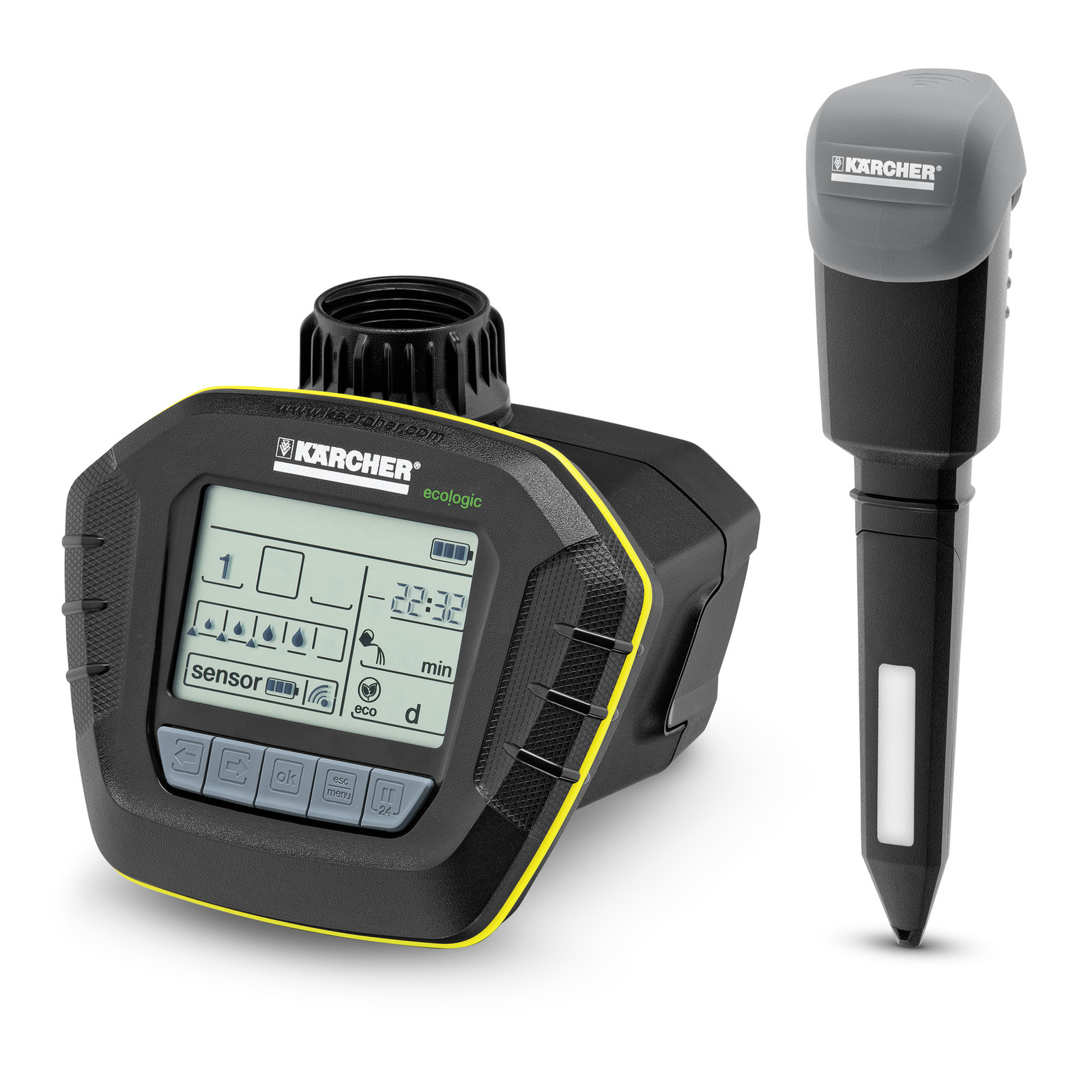 Kärcher watering timer with digital display and sensor, featuring buttons for settings and a sleek black design.