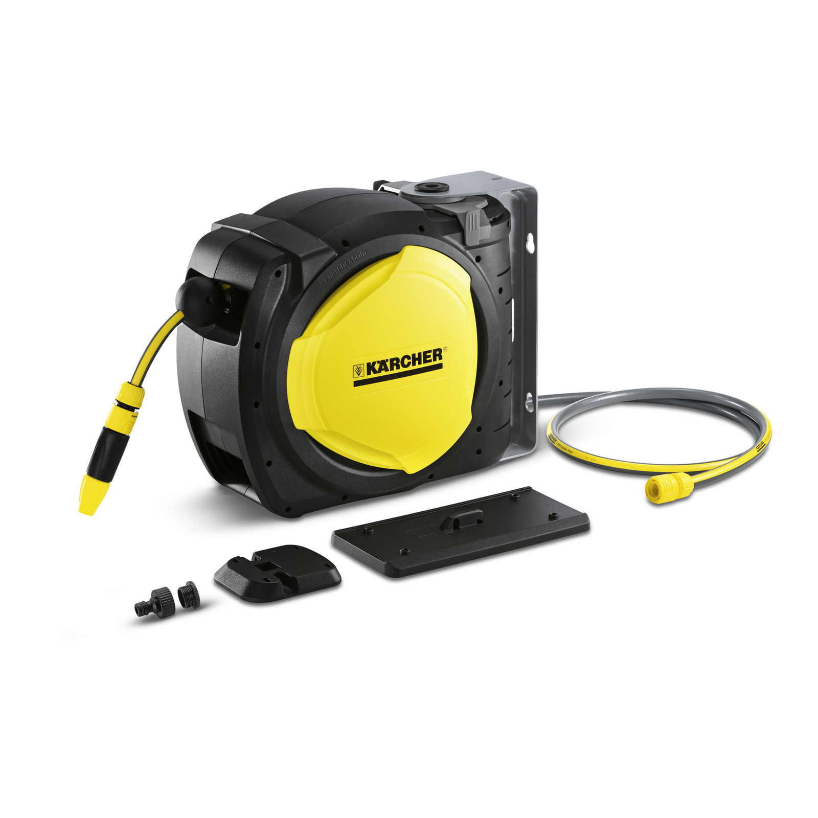 Kärcher hose reel with yellow casing, black mounting bracket, and grey hose with yellow nozzle, displayed on a white background. Kärcher hose reel with yellow casing, black mounting bracket, and grey hose with yellow nozzle, displayed on a white background.