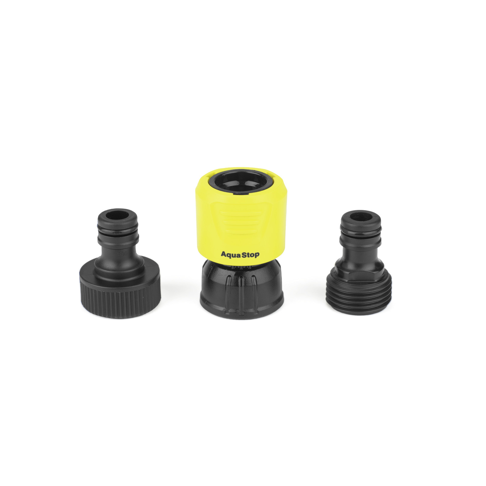 Three hose connectors, including a yellow Kärcher AquaStop connector, displayed on a white background. Three hose connectors, including a yellow Kärcher AquaStop connector, displayed on a white background.