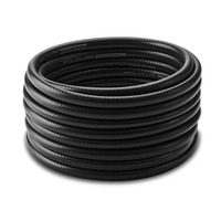 Coiled Kärcher high-pressure hose in black, featuring textured surface and visible branding.