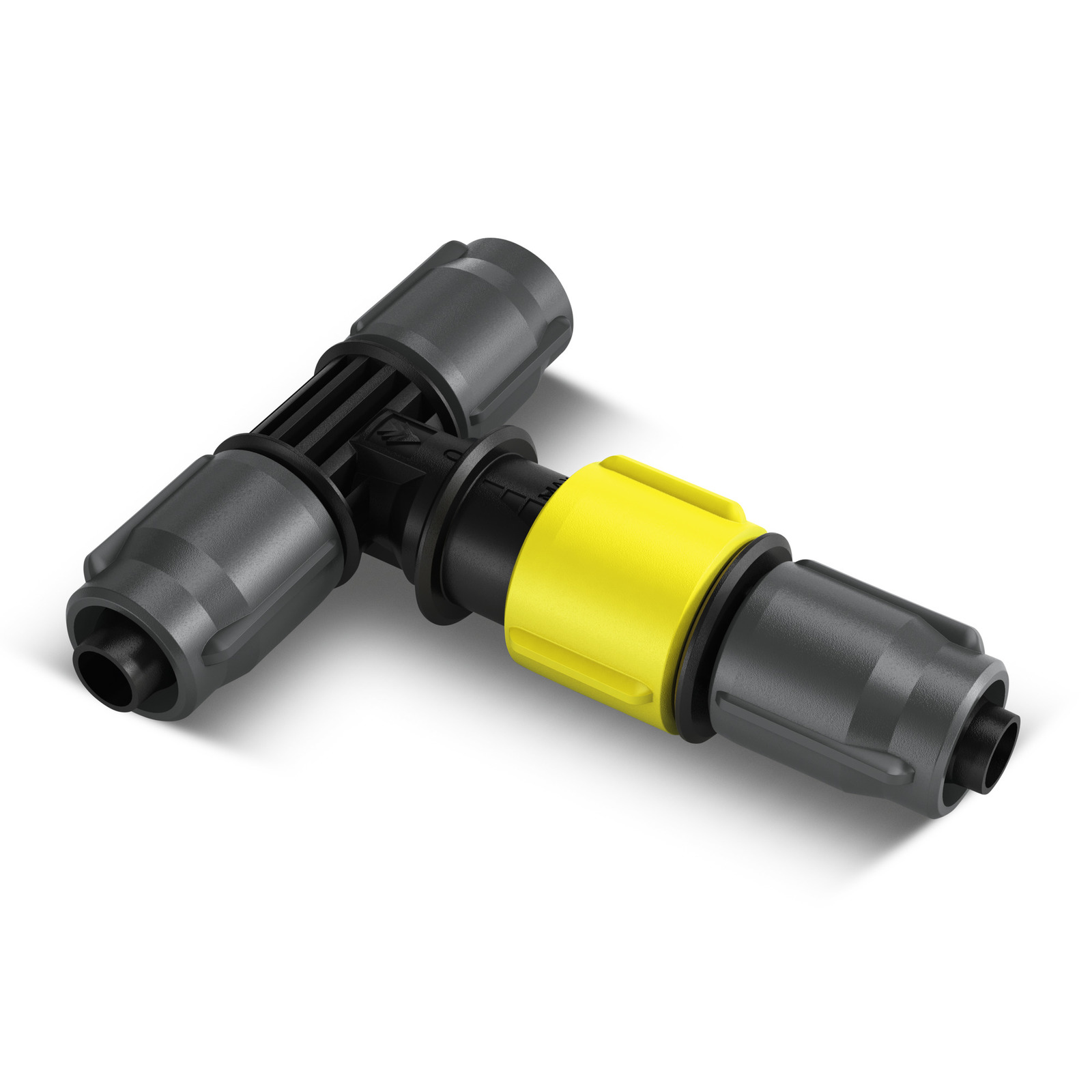 Kärcher T-shaped hose connector with grey ends and a yellow central section, designed for water systems.