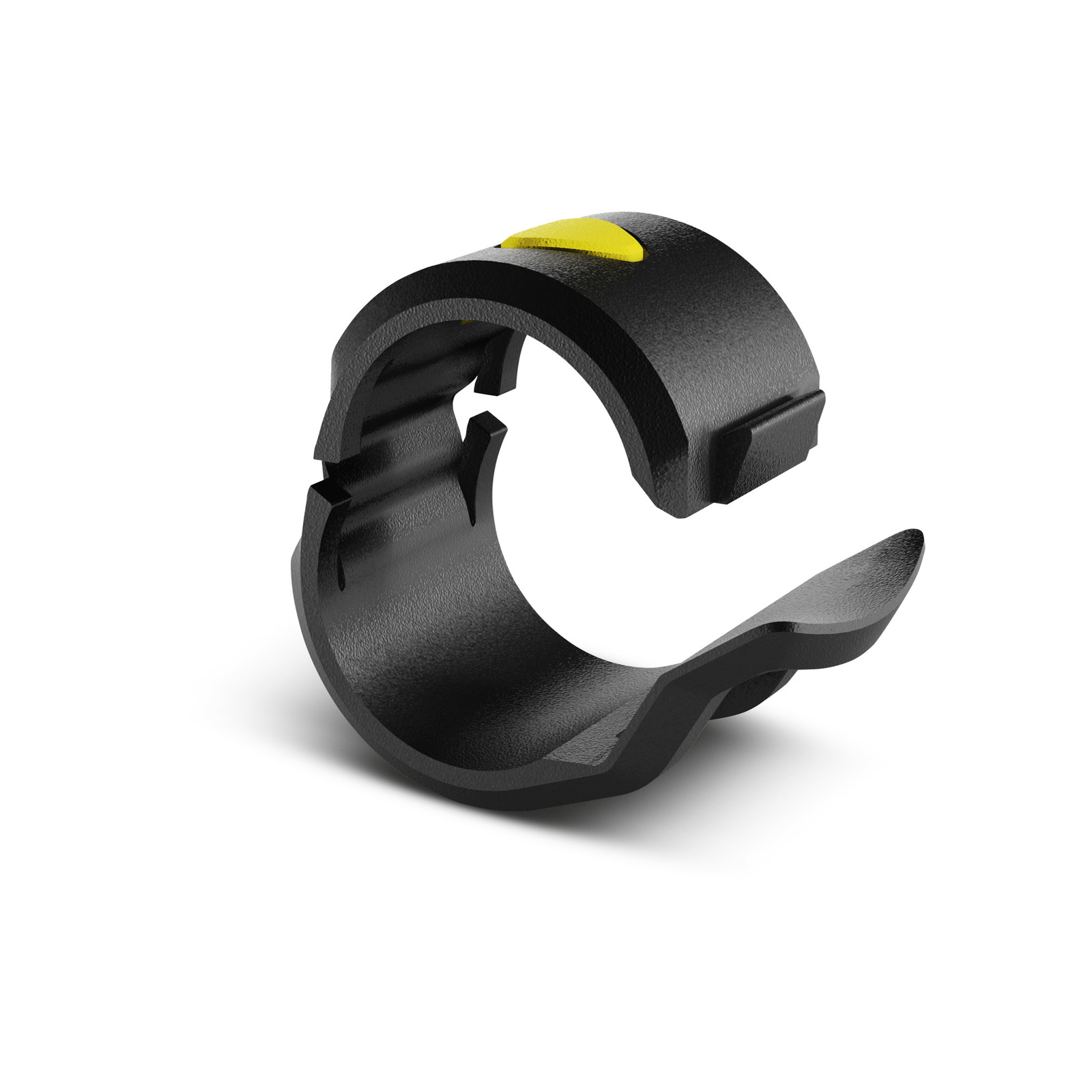 Black plastic clip with a yellow button, featuring a curved design and textured surface, isolated on a white background.