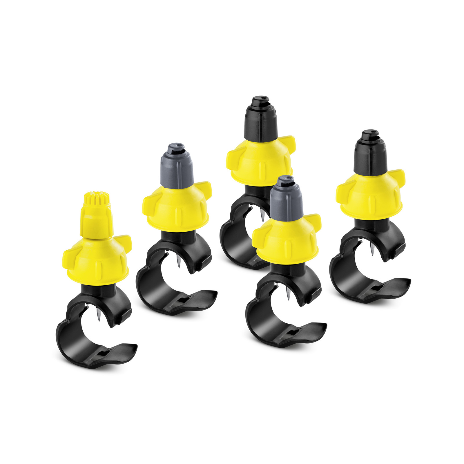 Five Kärcher yellow drip irrigation nozzles with black clamps arranged in a row on a white background.