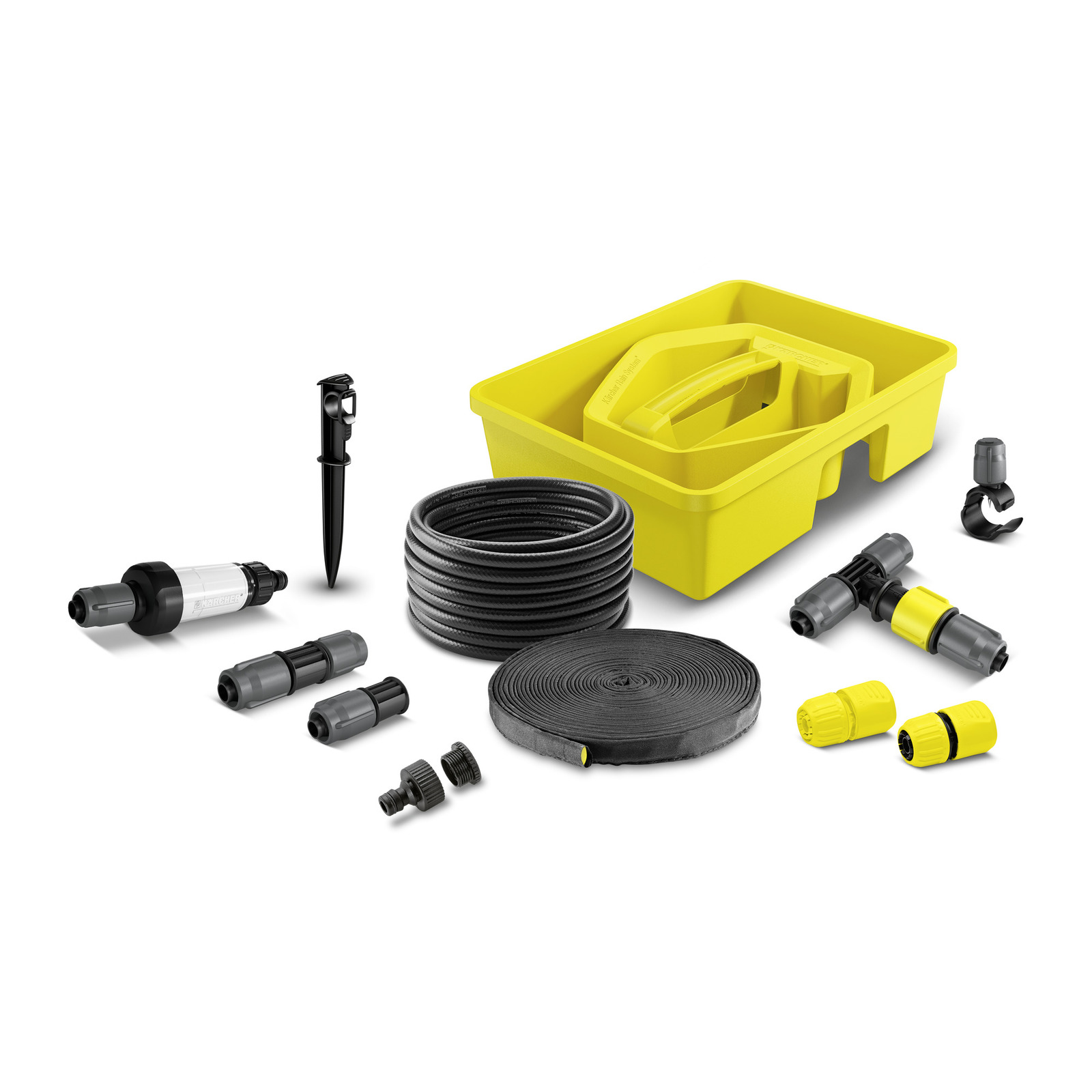 Kärcher garden irrigation kit with yellow box, hose, connectors, drip line, and spray nozzle arranged on a white background.