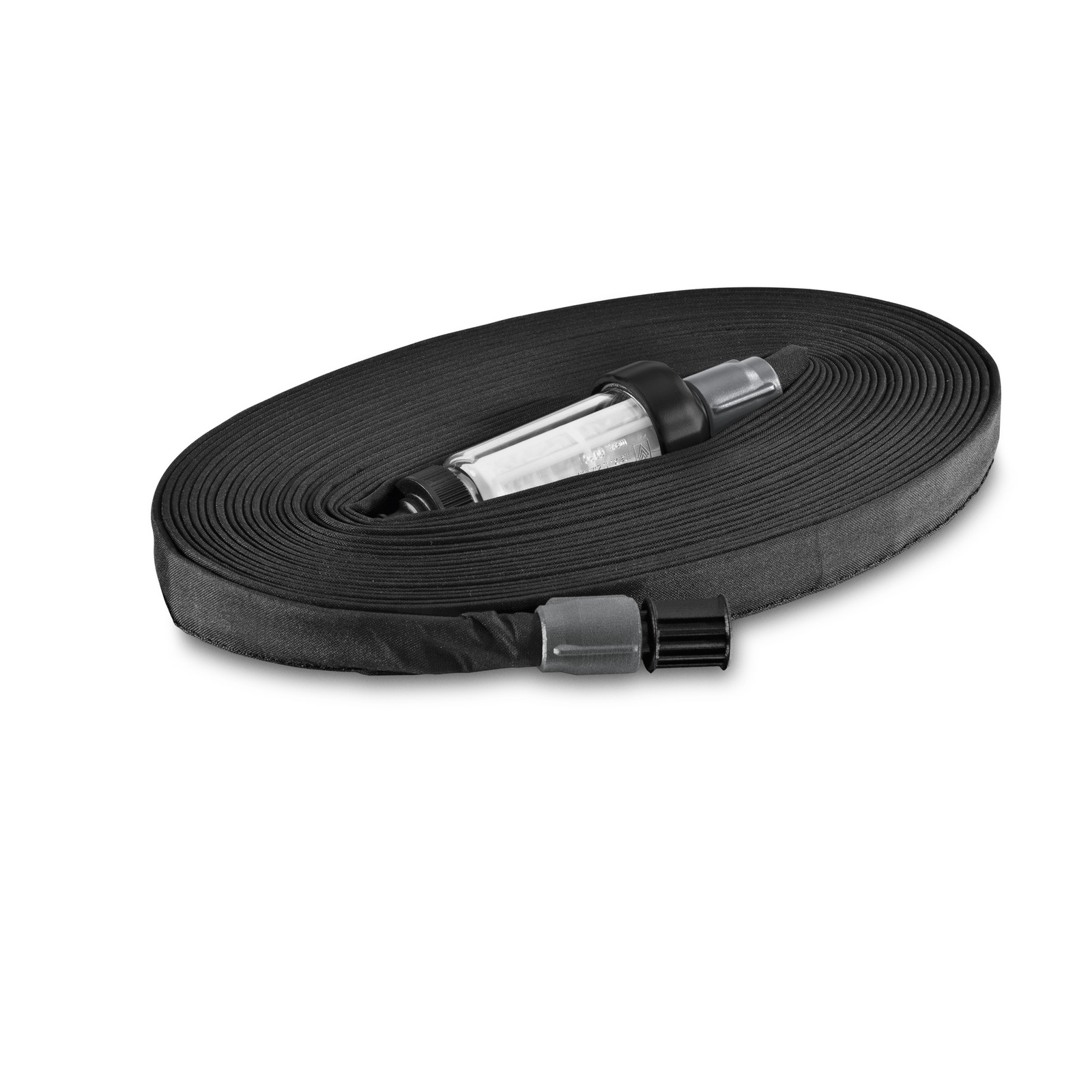 Black Kärcher flat hose with transparent connector, coiled neatly on a white background.