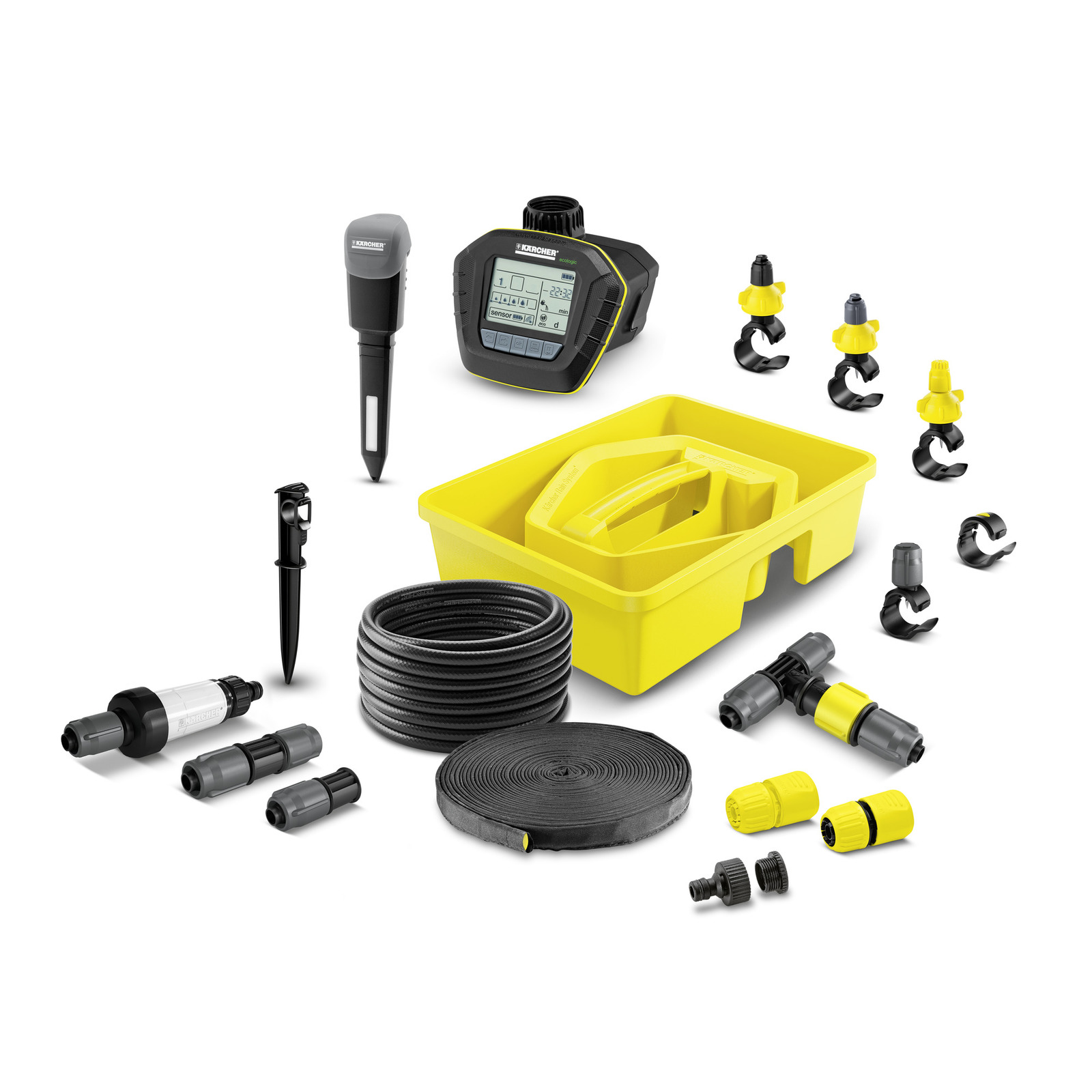 Kärcher garden irrigation kit with hoses, connectors, a yellow box, and a digital water timer. Kärcher garden irrigation kit with hoses, connectors, a yellow box, and a digital water timer.