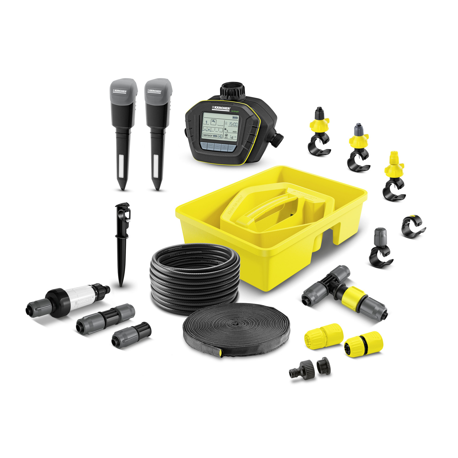 Kärcher garden irrigation kit with sensors, connectors, hoses, and a yellow storage box on a white background. Kärcher garden irrigation kit with sensors, connectors, hoses, and a yellow storage box on a white background.